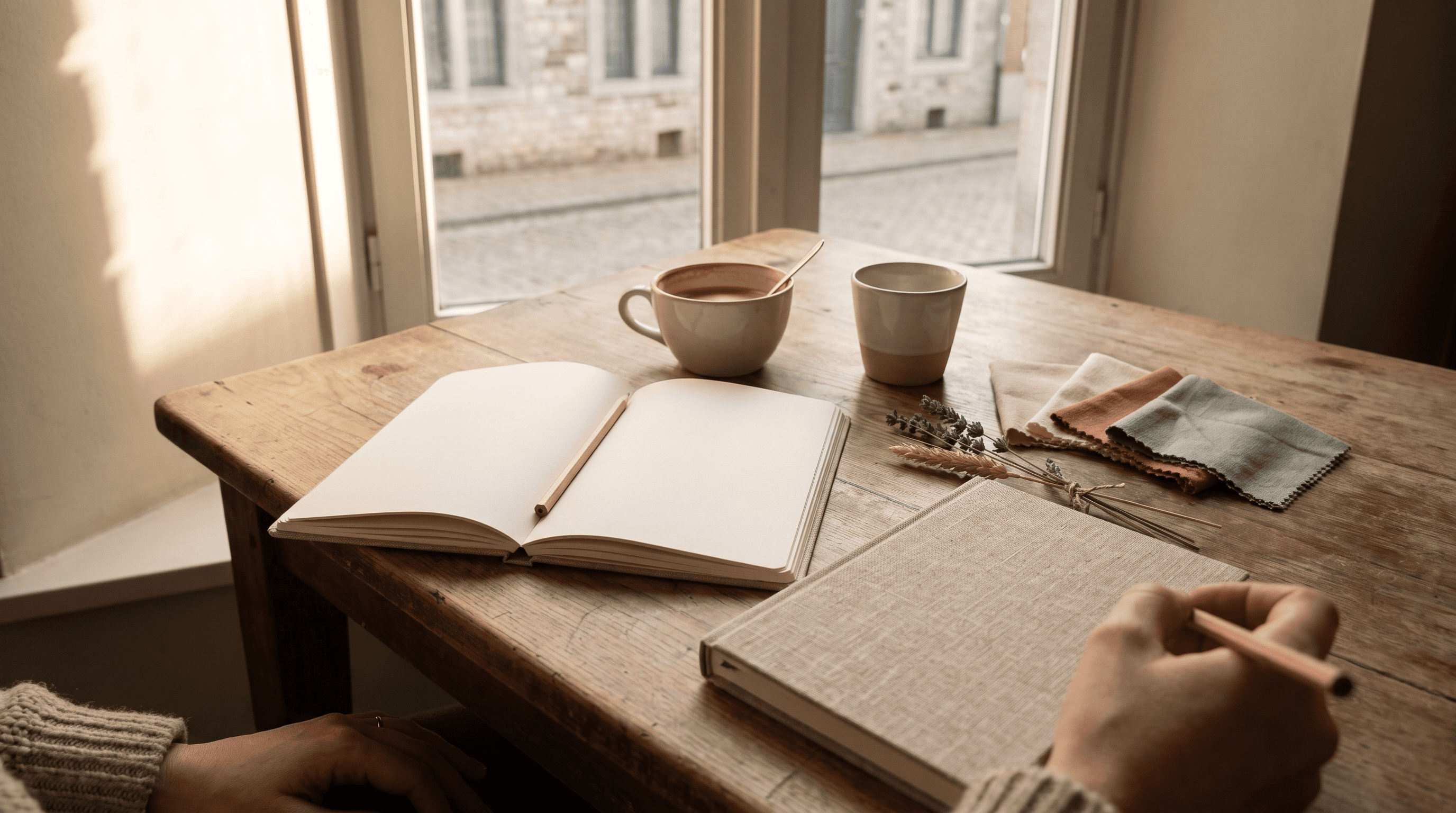 Houten tafel bij het raam met een open notitieboek, twee koppen koffie en stofstalen in crème, terracotta en saliegroen