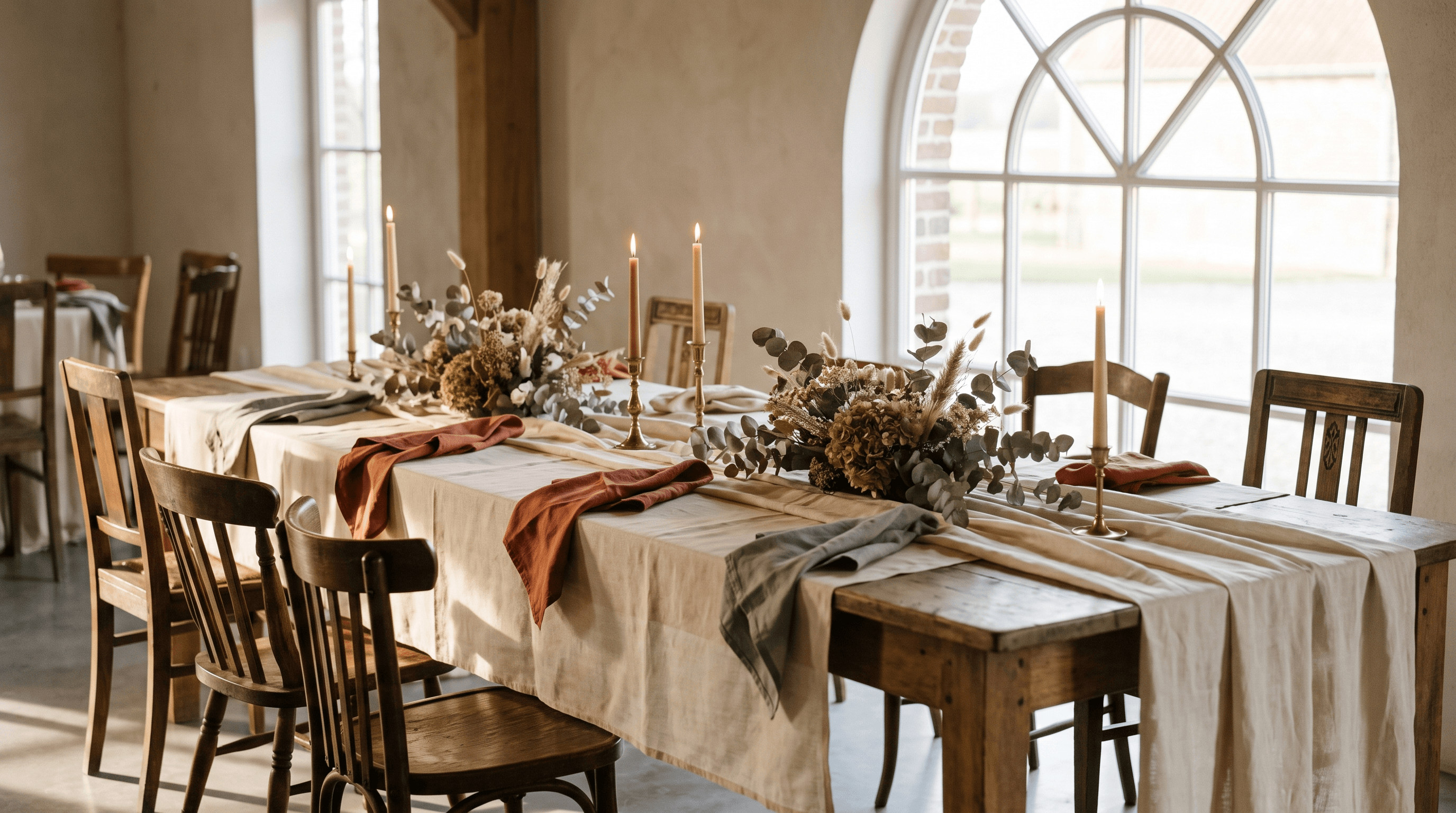 Lange gedekte eretafel met linnen, terracotta en saliegroene servetten en droogbloemen in een lichte feestzaal