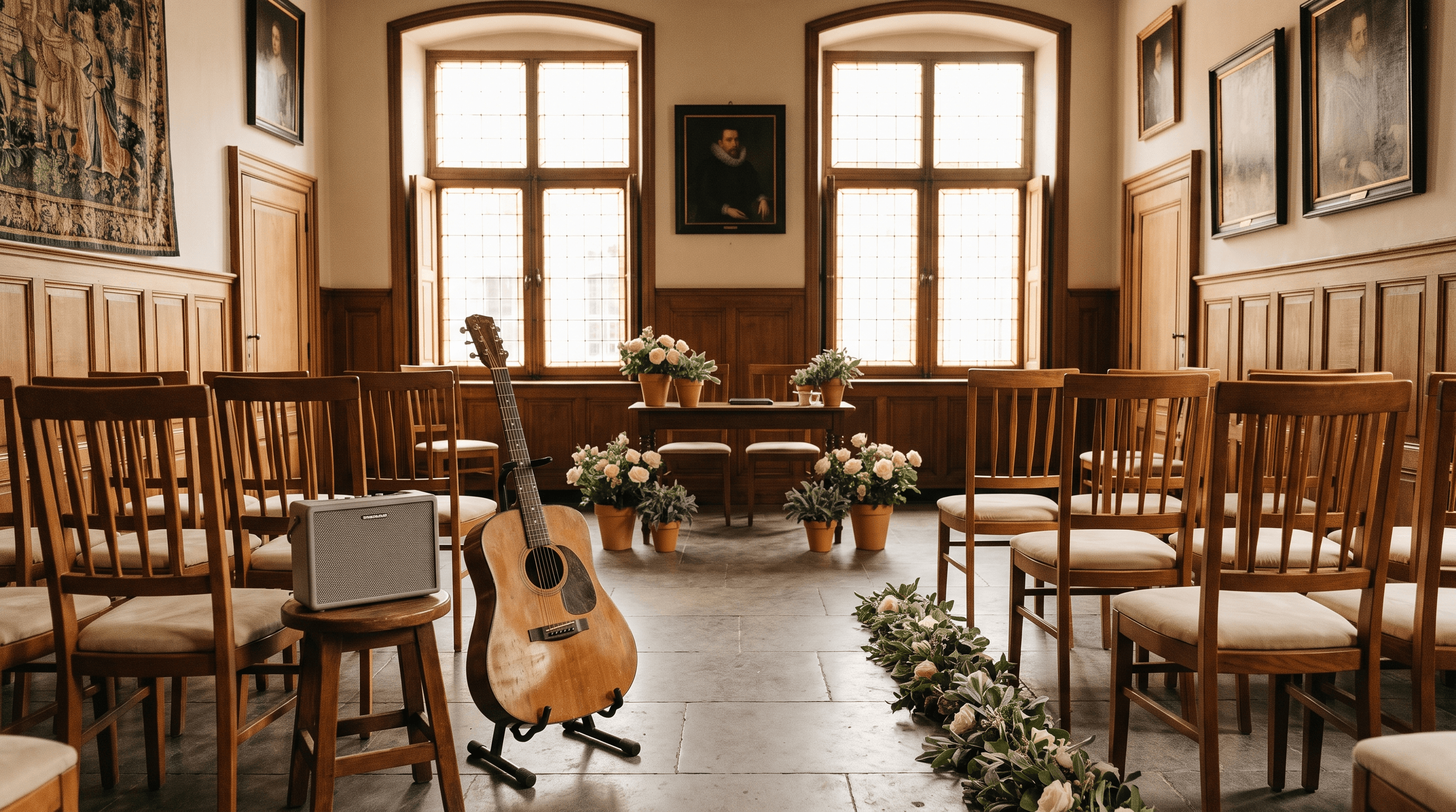 Akoestische gitaar en kleine luidspreker naast stoelenrijen in een historische trouwzaal met groen langs het gangpad