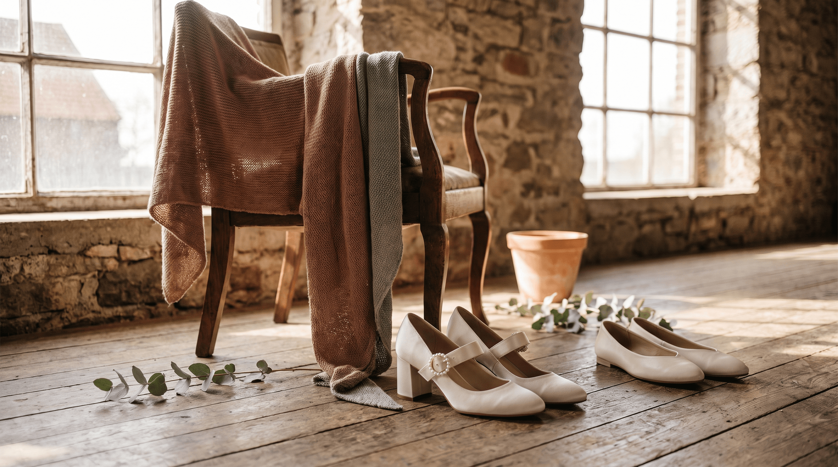 Ivoorkleurige trouwschoenen met blokhak naast een paar platte schoenen op een houten vloer