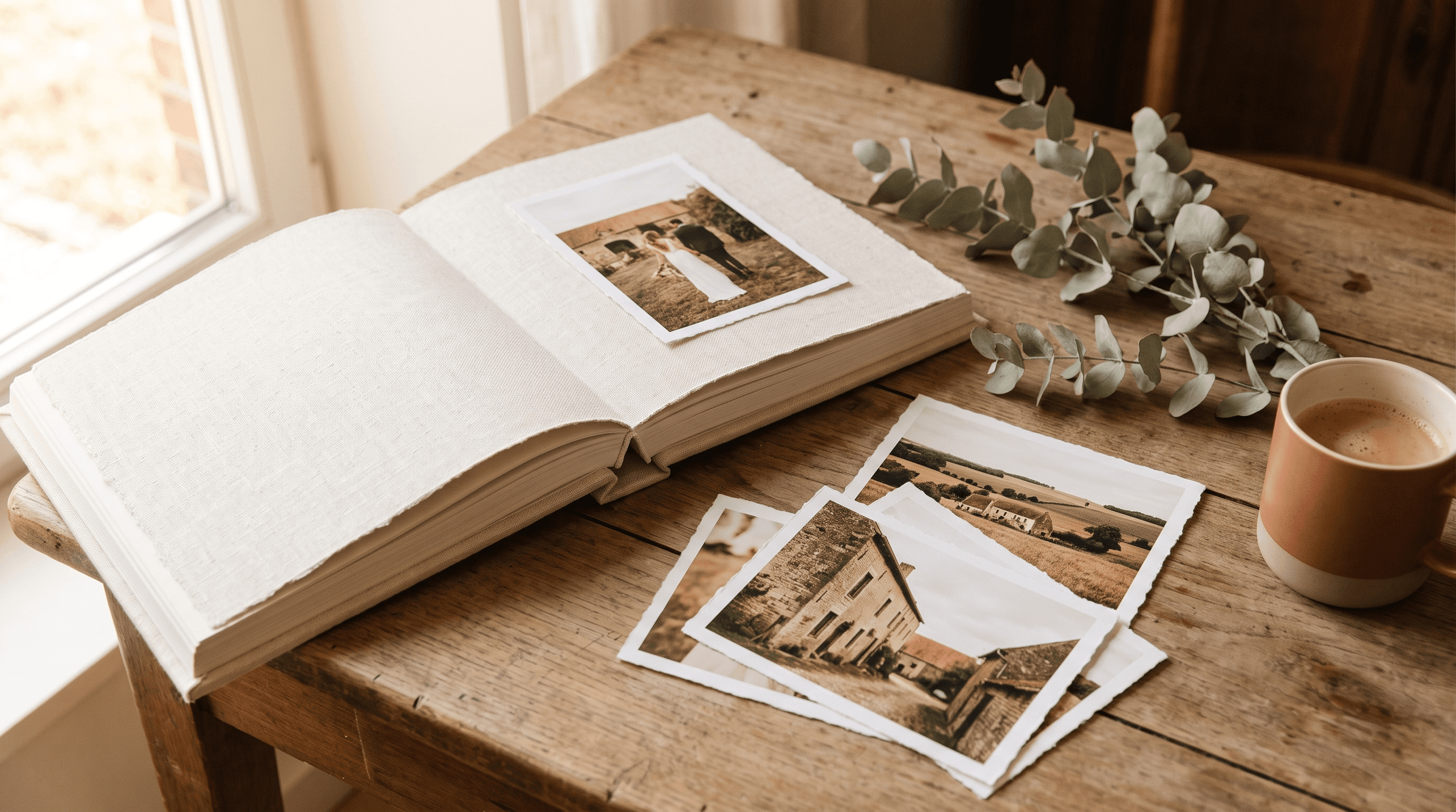 Open linnen trouwalbum met losse trouwfoto's en eucalyptus op een houten tafel