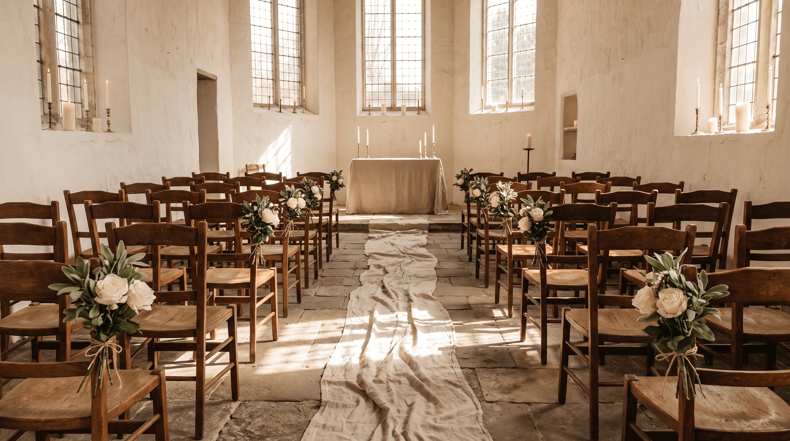 Witgekalkte kapel met houten stoelen, witte rozen en een linnen loper in het zonlicht