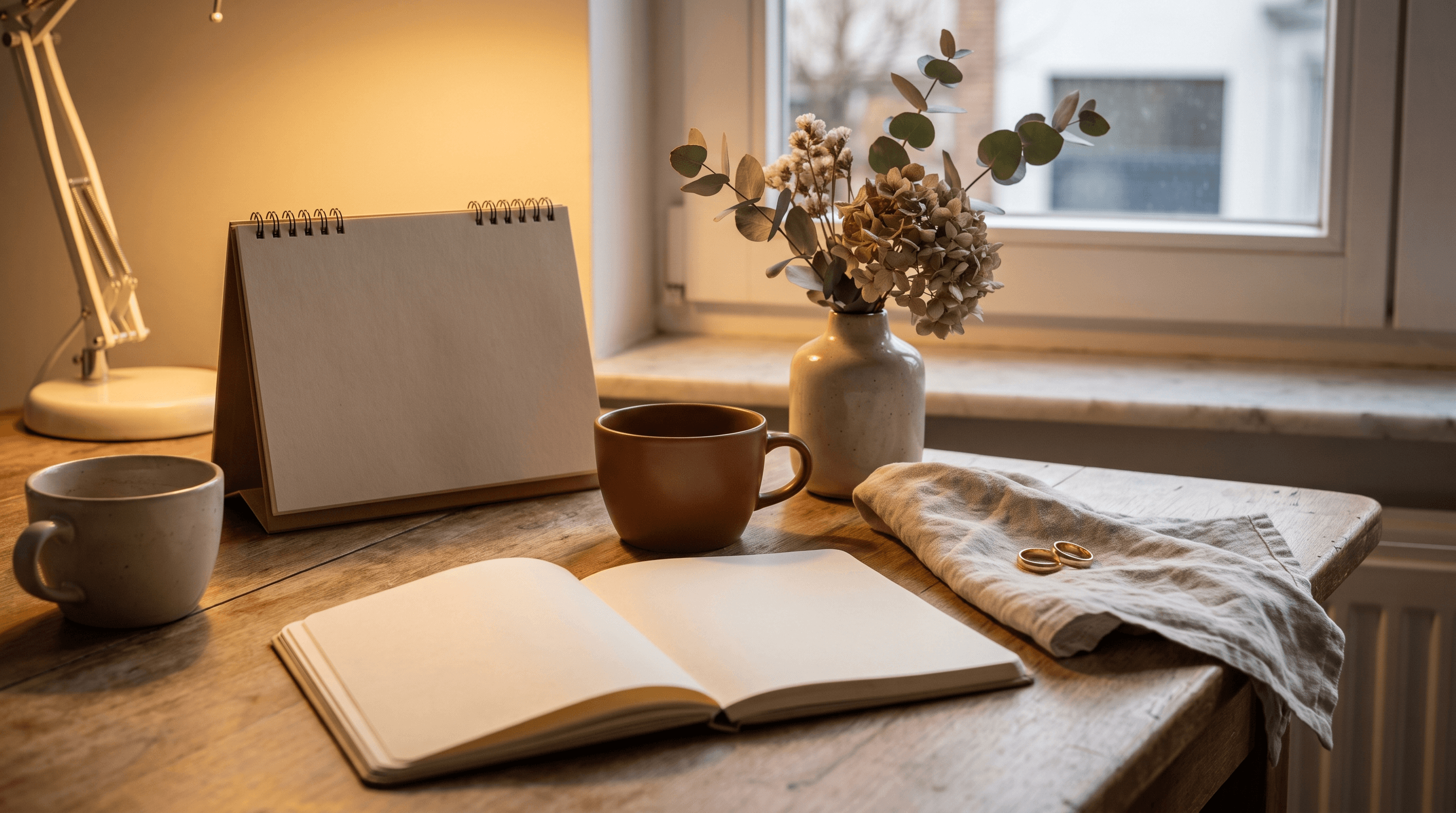 Keukentafel met een bureaukalender, notitieboek, koffie en twee trouwringen op een linnen servet