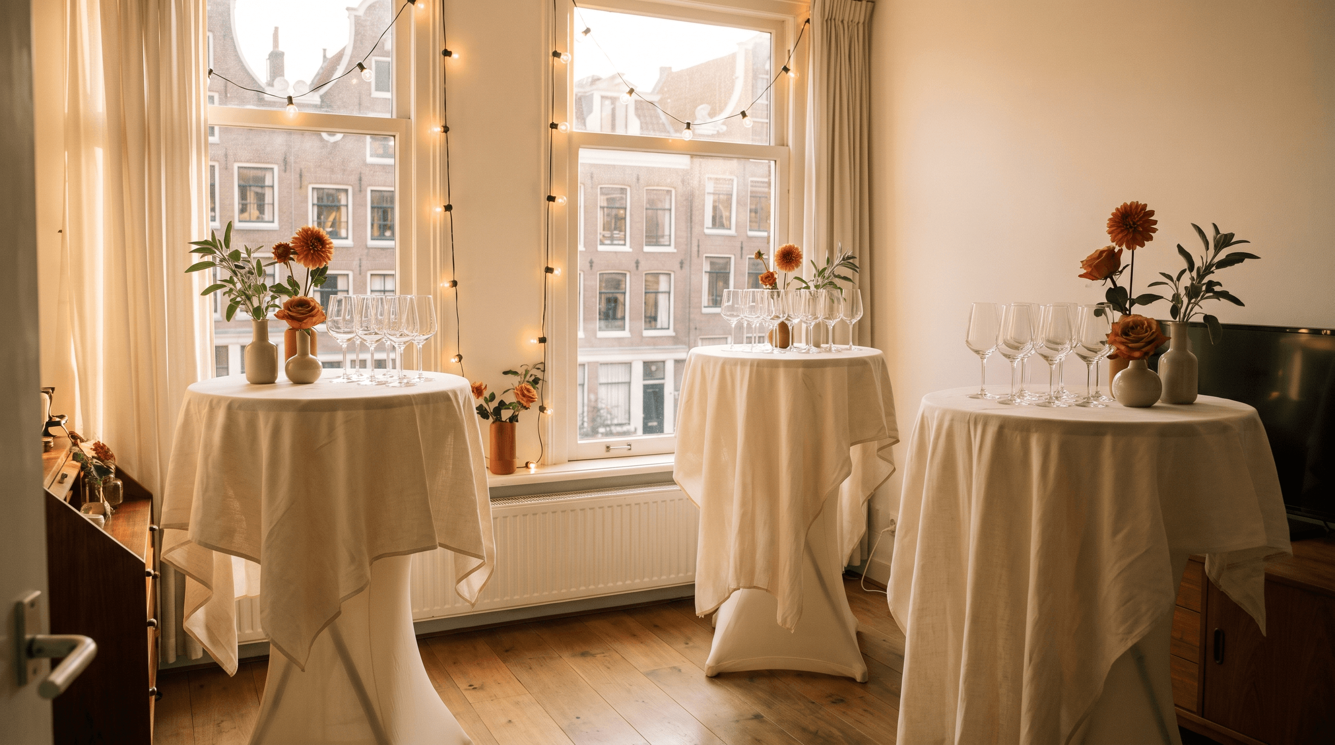 Woonkamer van een stadsappartement met statafels in crème linnen, glazen en terracotta bloemen bij een raam met lichtslingers