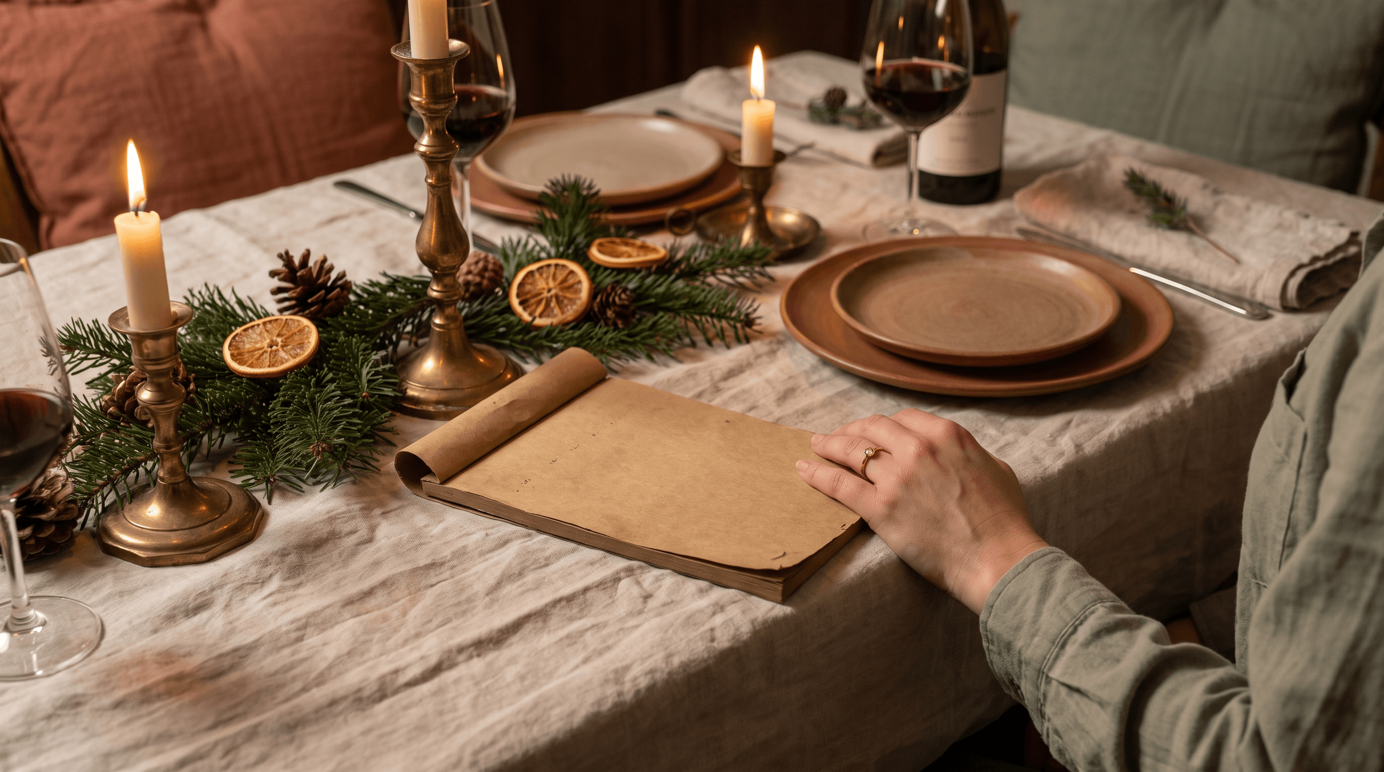 Feestelijk gedekte kersttafel met kaarsen, dennengroen en een hand met verlovingsring