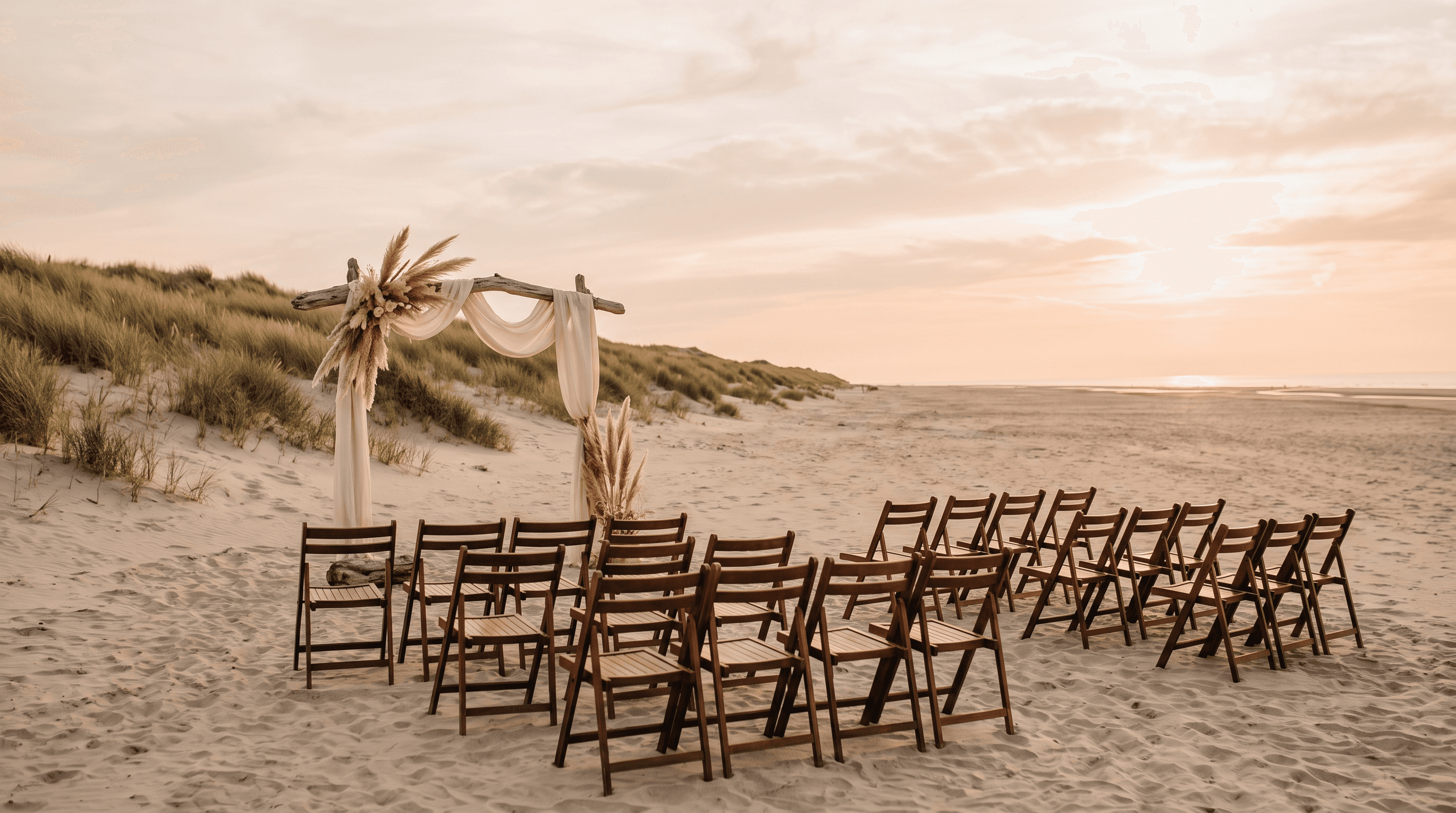 Houten klapstoelen en een boog van drijfhout met pampas en linnen op een Noordzeestrand bij zonsondergang