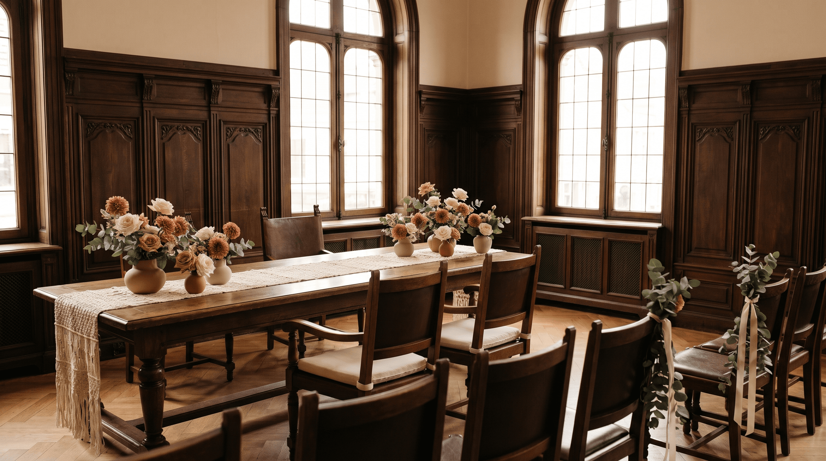 Trouwzaal met houten lambrisering, een lange tafel met bloemen in terracottatinten en groen aan de stoelen