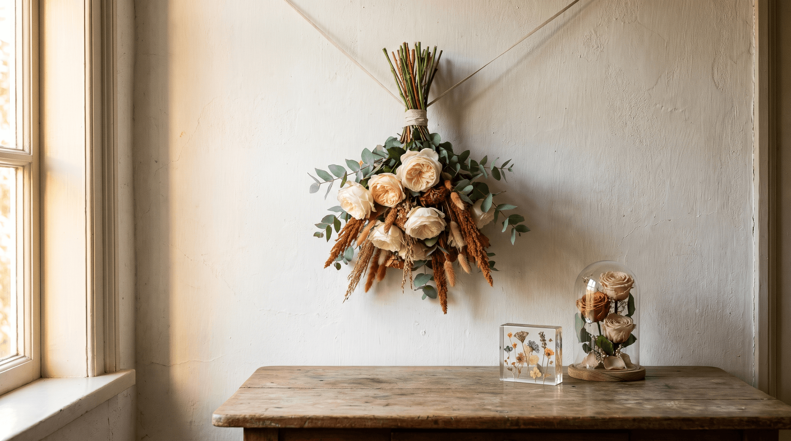 Bruidsboeket met rozen en eucalyptus dat ondersteboven droogt, met een harsblok en een glazen stolp op tafel