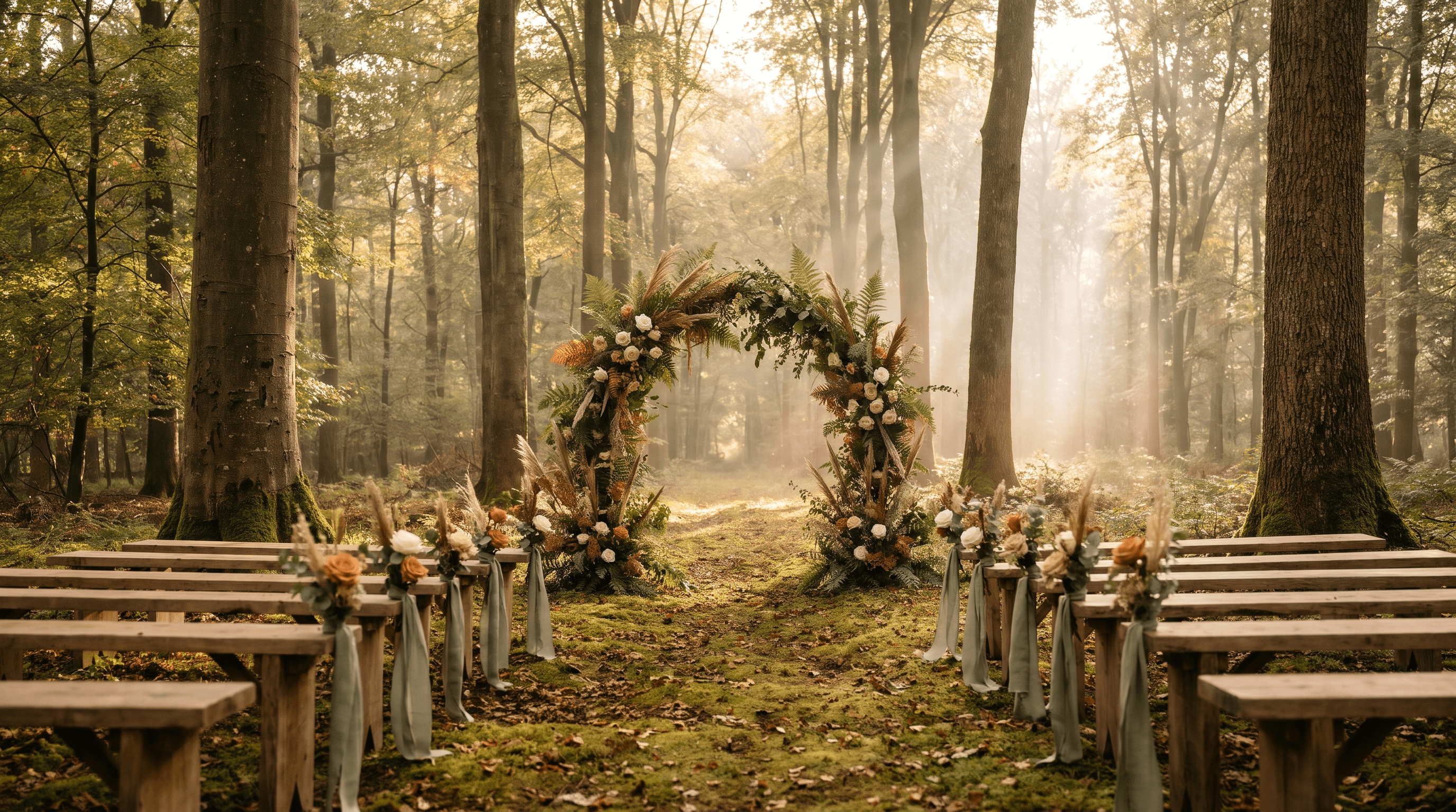 Houten banken en een bloemenboog voor een ceremonie op een open plek in een beukenbos