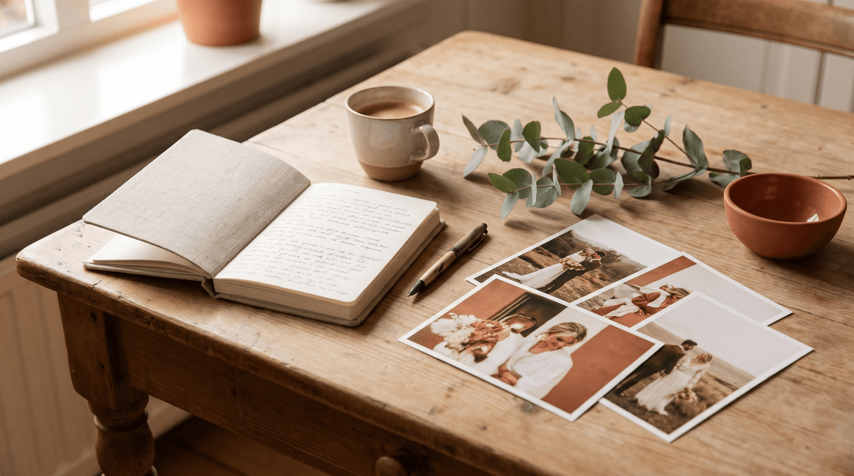 Keukentafel met notitieboek, koffie en uitgeprinte trouwfoto's om leveranciers te vergelijken