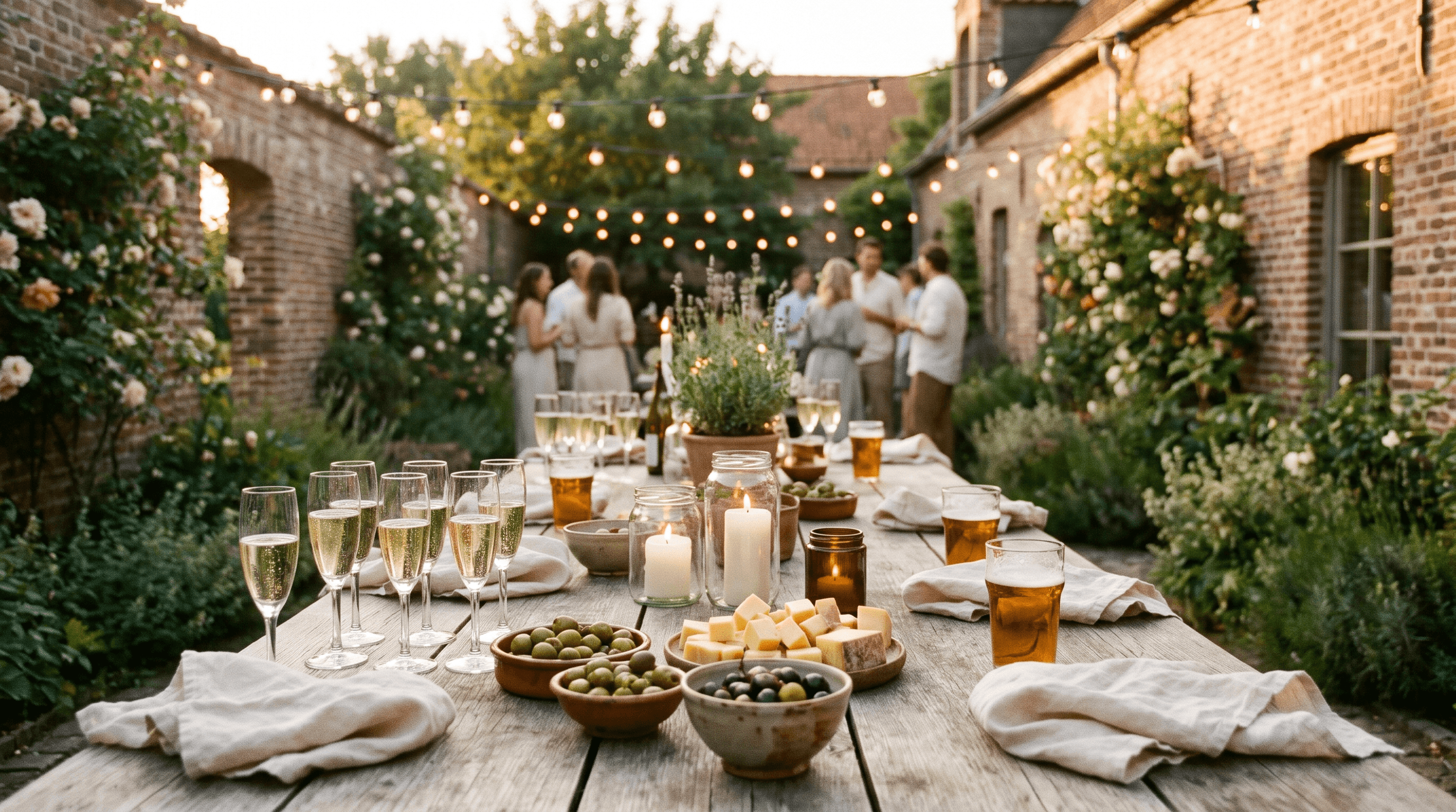 Lange houten tafel met bubbels, olijven en kaas in een tuin met lichtslingers bij een Vlaamse hoeve