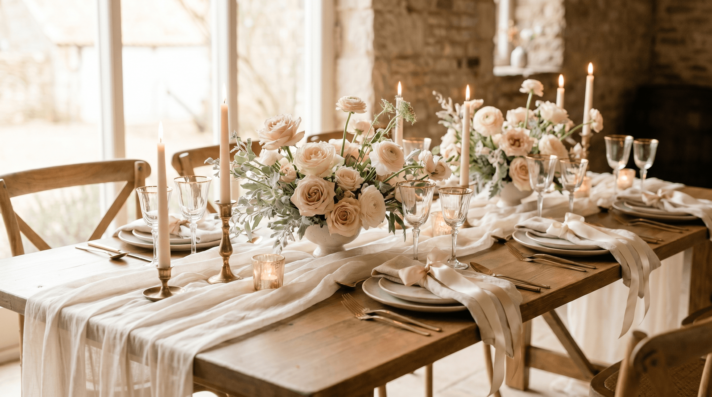 Romantische trouwtafel met blush en crème bloemen, kaarslicht en vloeiend linnen
