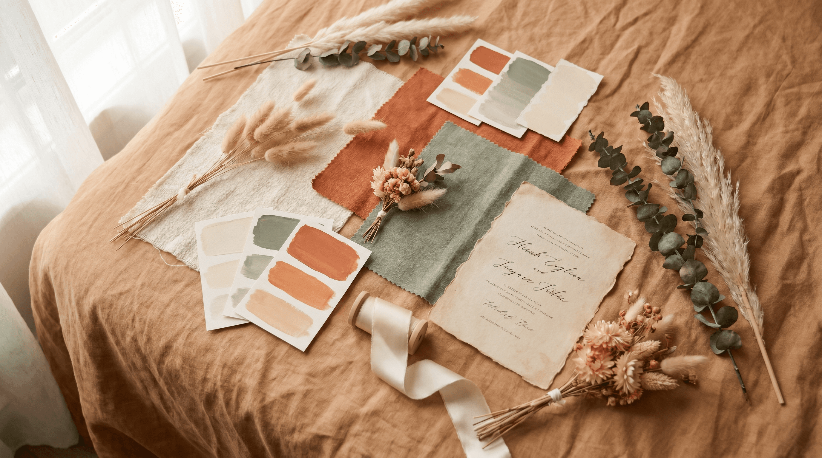 Trouw-moodboard flat lay met stofstalen, kleurstalen, gedroogde bloemen en linten in crème, terracotta en saliegroen