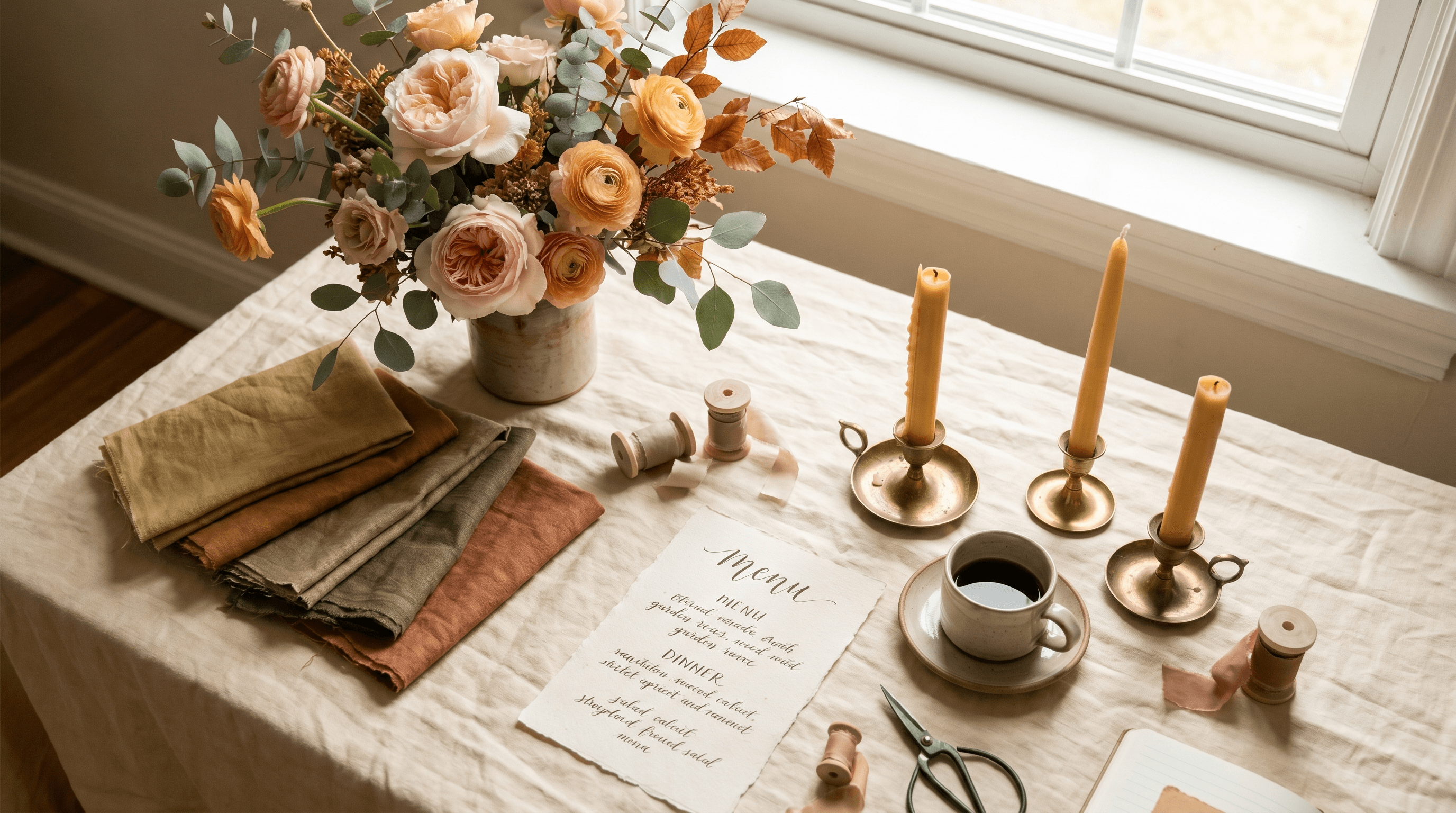 Gestylede wedding planning flat-lay met bloemen, stofstalen en kaarsen in warme tinten