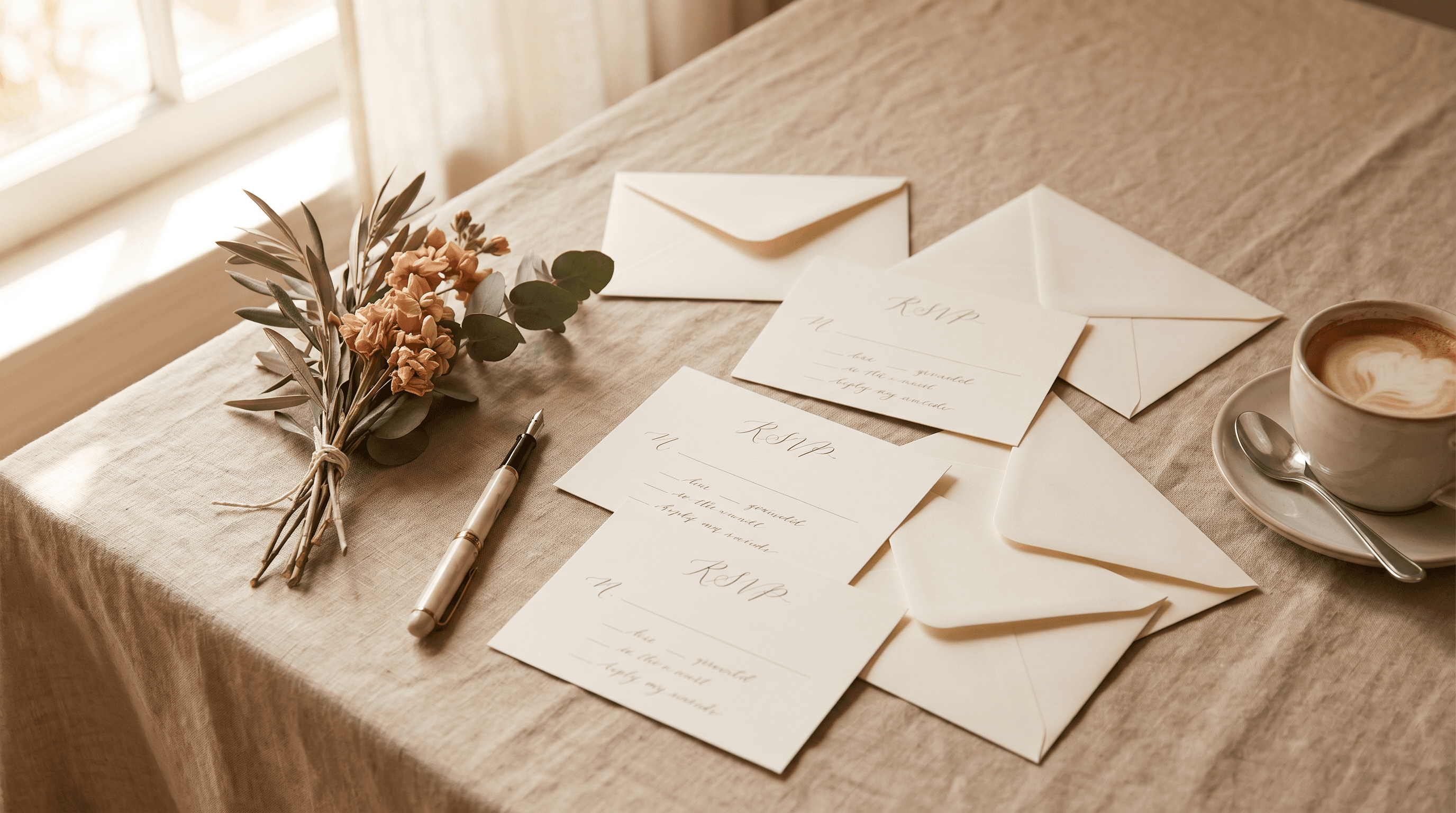 Flat-lay van RSVP-antwoordkaarten en cremekleurige enveloppen op linnen, met droogbloemen en een vulpen