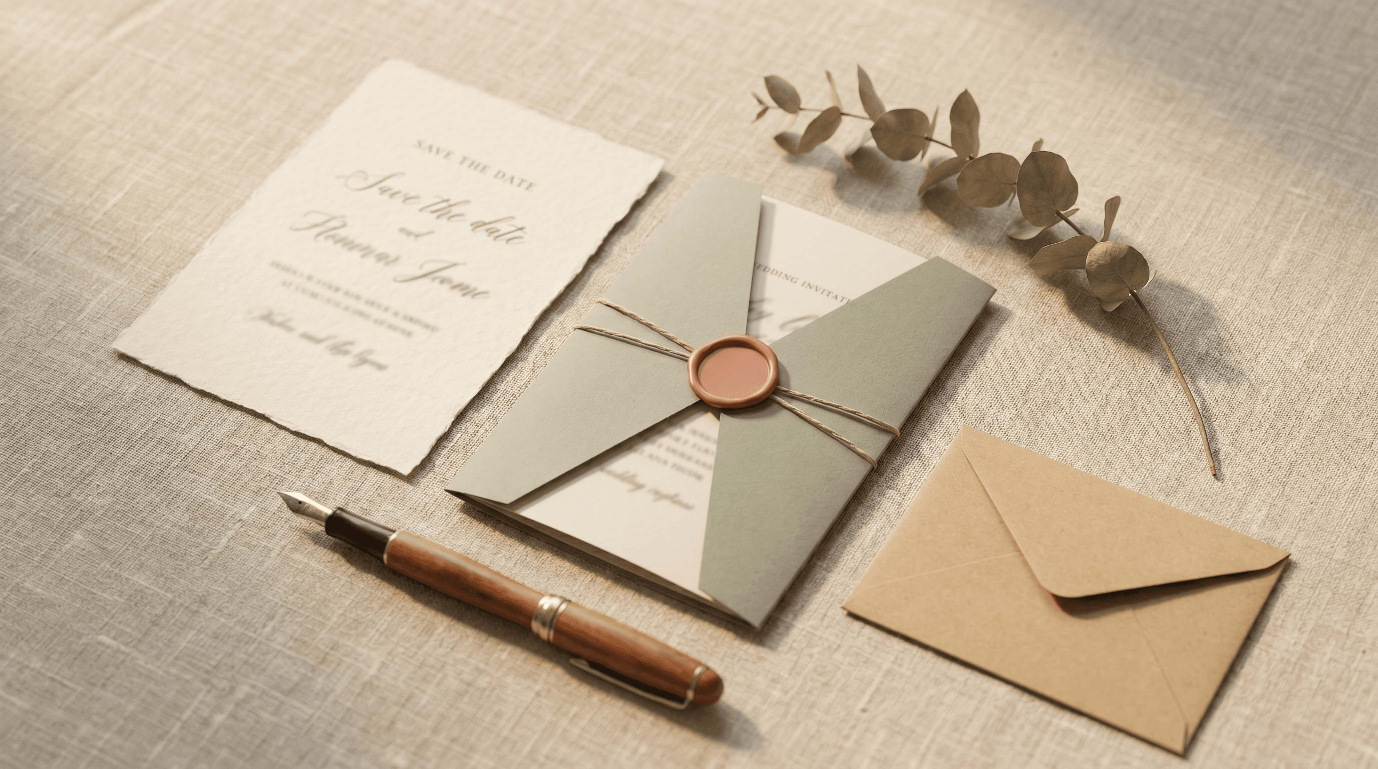 Flat lay van een save-the-date kaart en trouwuitnodiging met droogbloemen en een lakzegel