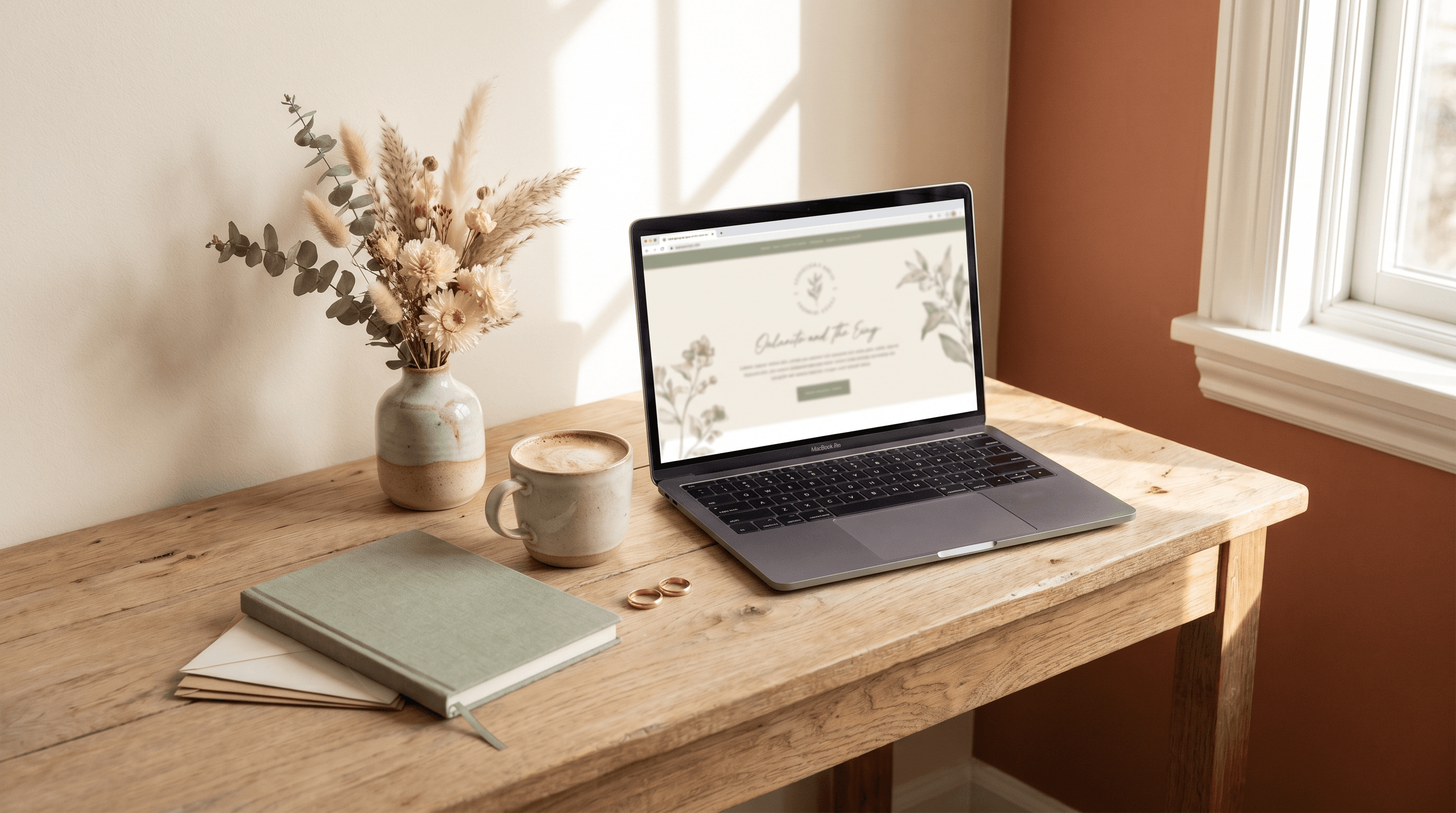 Laptop met een elegante trouwwebsite op een bureau met droogbloemen en trouwringen