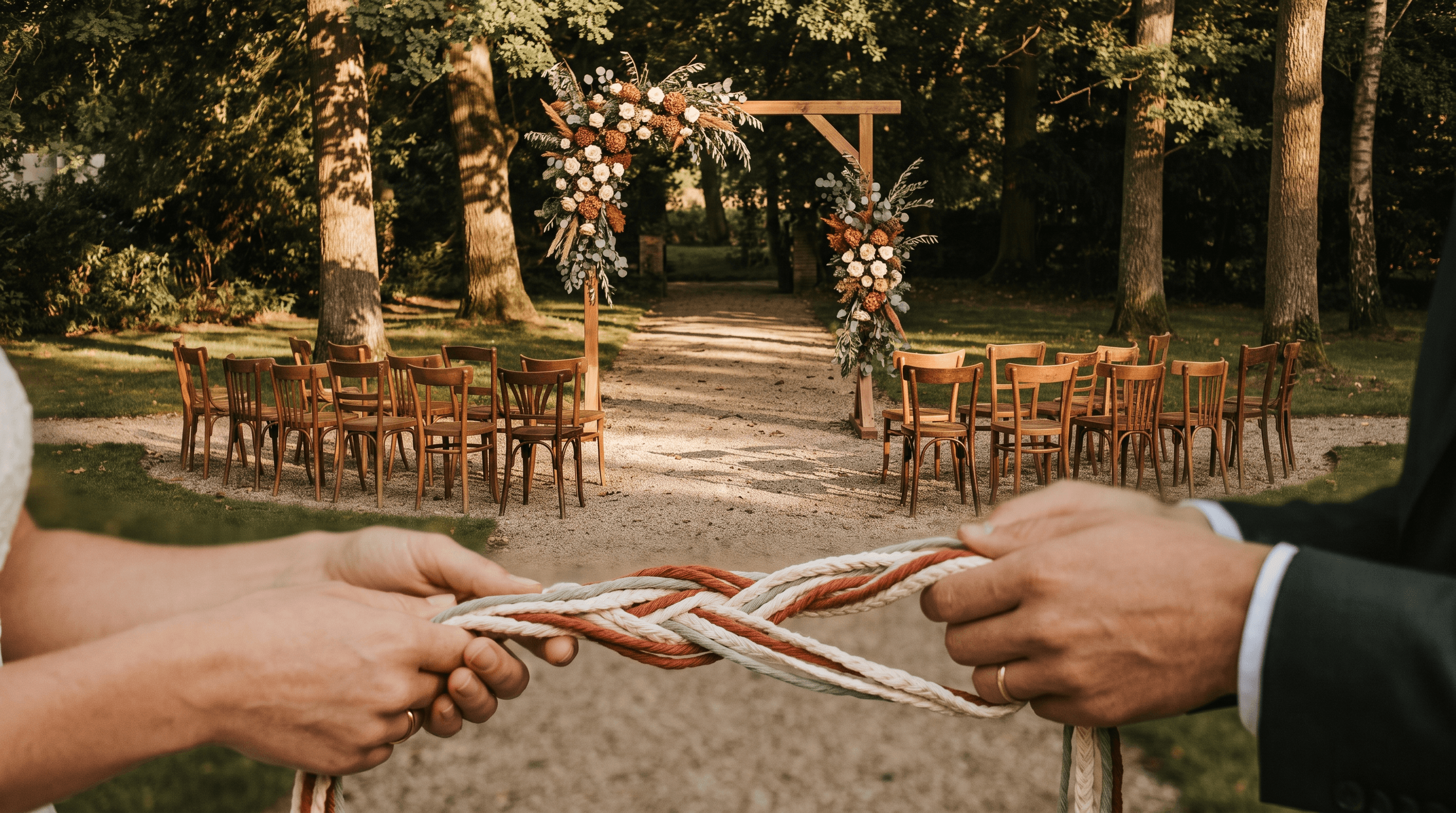 Buitenceremonie in een tuin met houten boog, bloemen in cream en terracotta en handfasting-lint