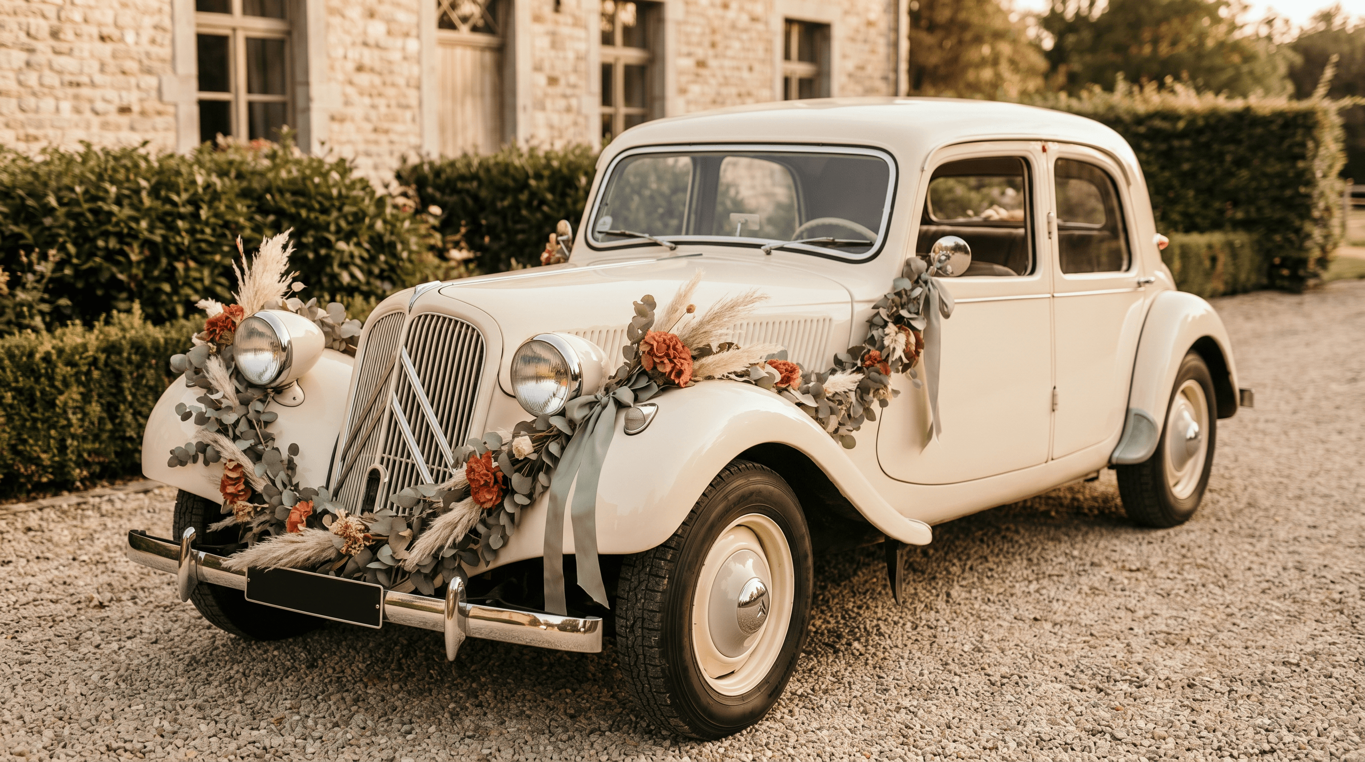 Vintage crèmekleurige oldtimer met bloemen voor een landelijk trouwlandgoed
