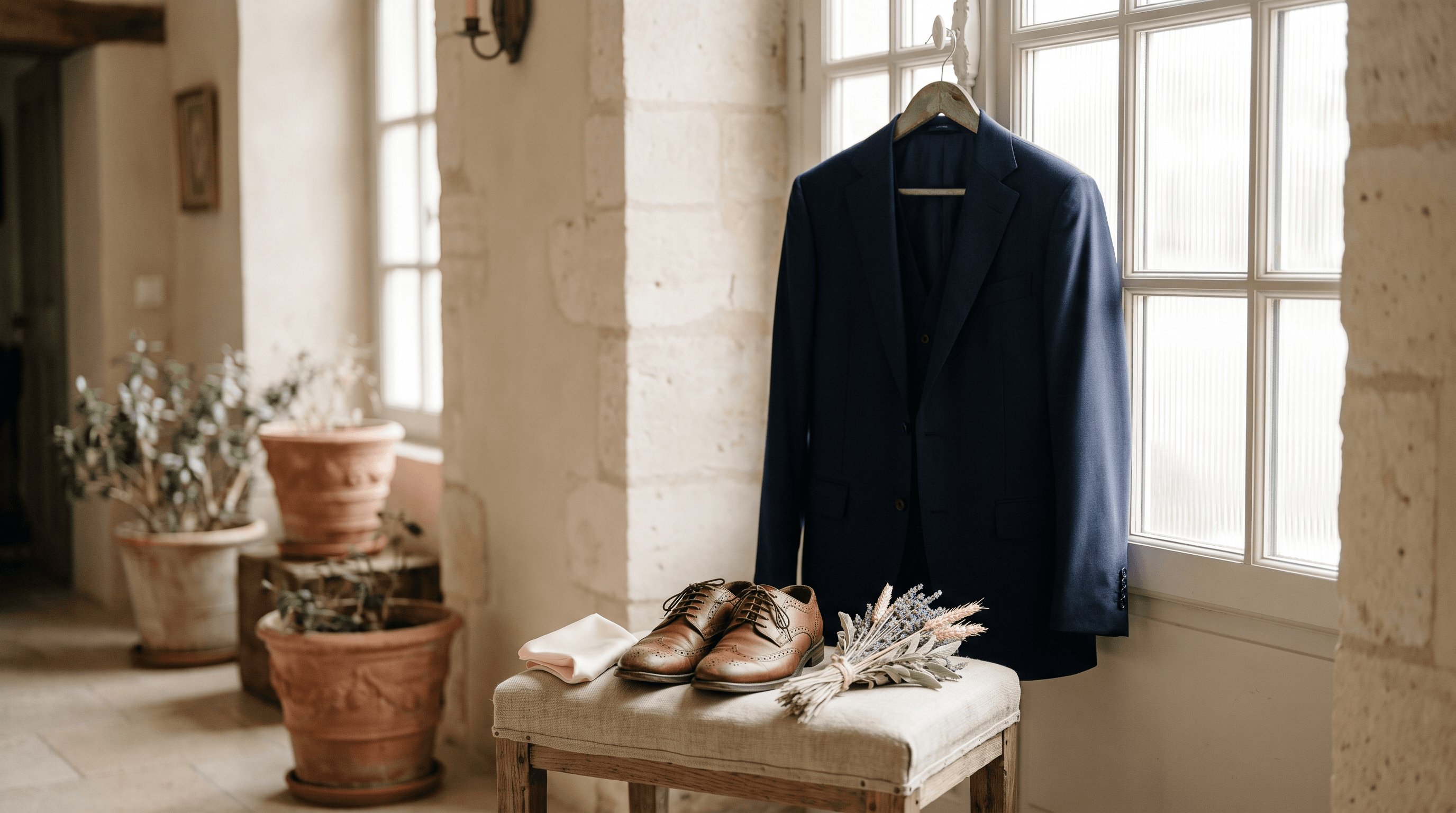 Elegant navy driedelig trouwpak aan een houten hanger bij een raam
