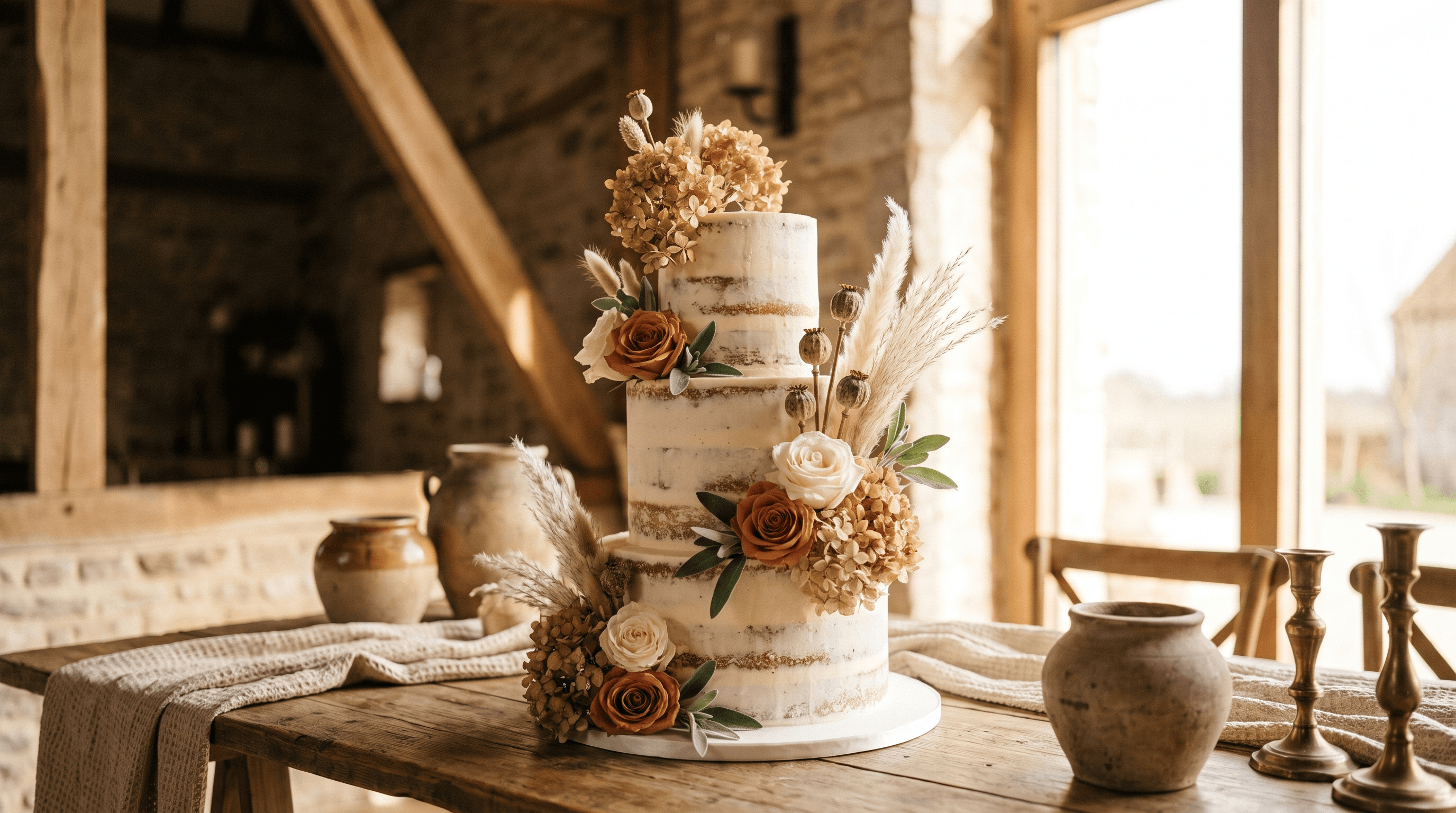Semi-naked bruidstaart met droogbloemen op een houten tafel in warm licht