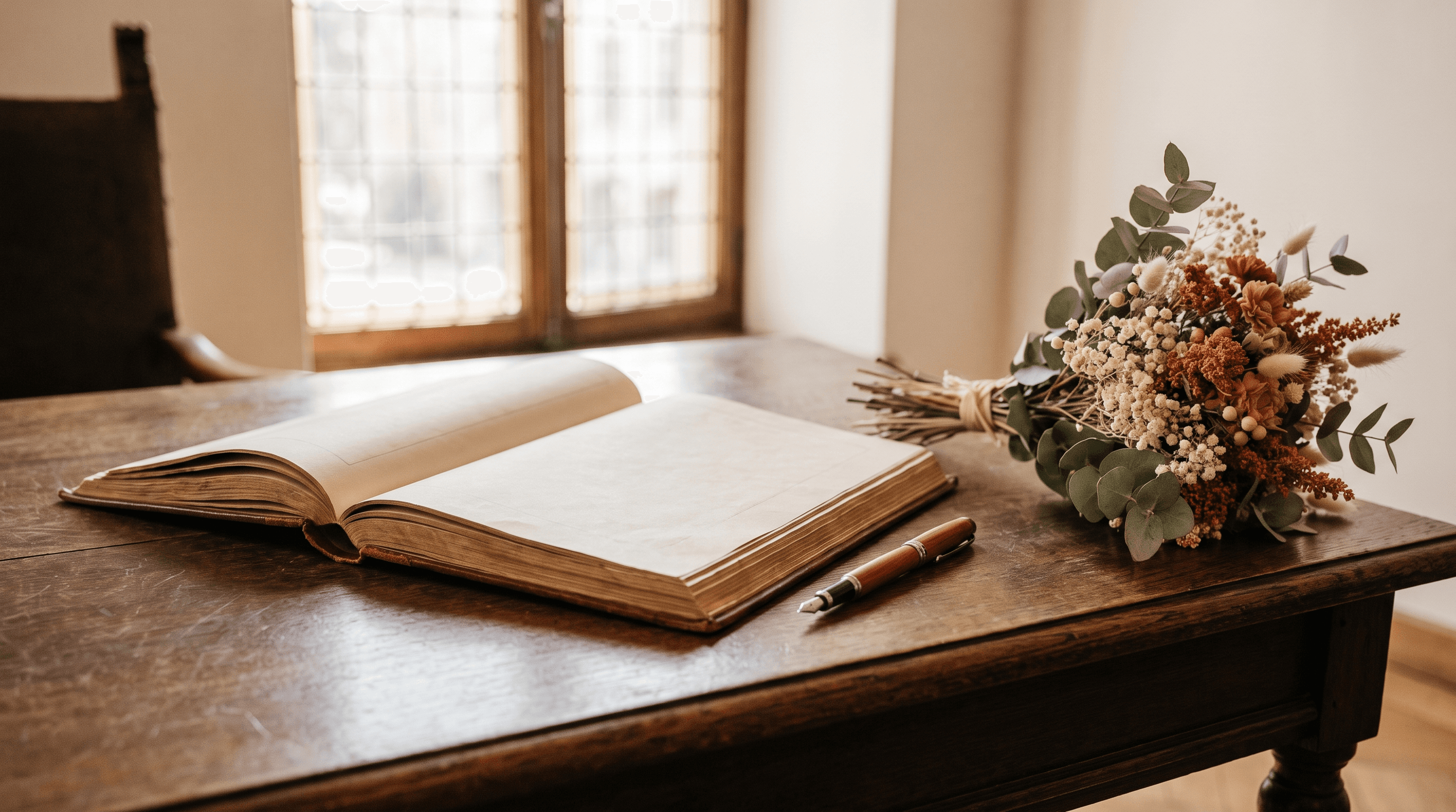Open huwelijksregister met vulpen en droogbloemen op een houten tafel