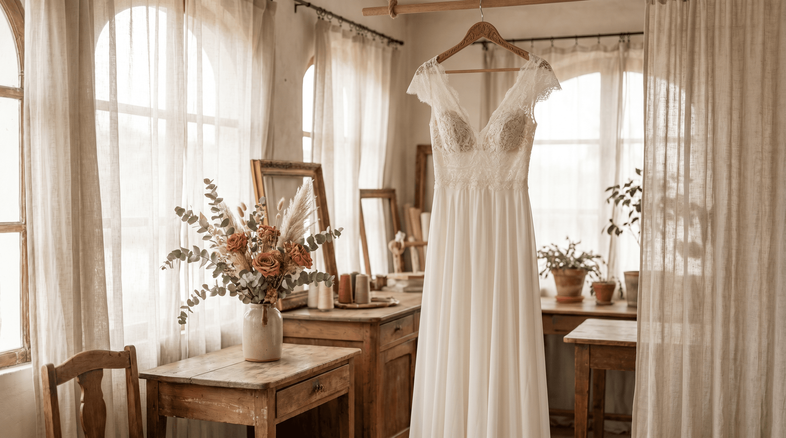 Ivoorkleurige trouwjurk op een houten hanger in een licht atelier