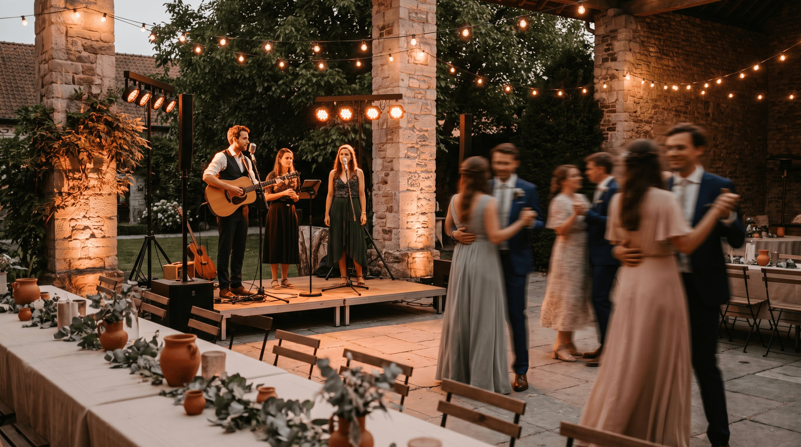 Live wedding band en dansvloer bij schemering met warme podiumlichten
