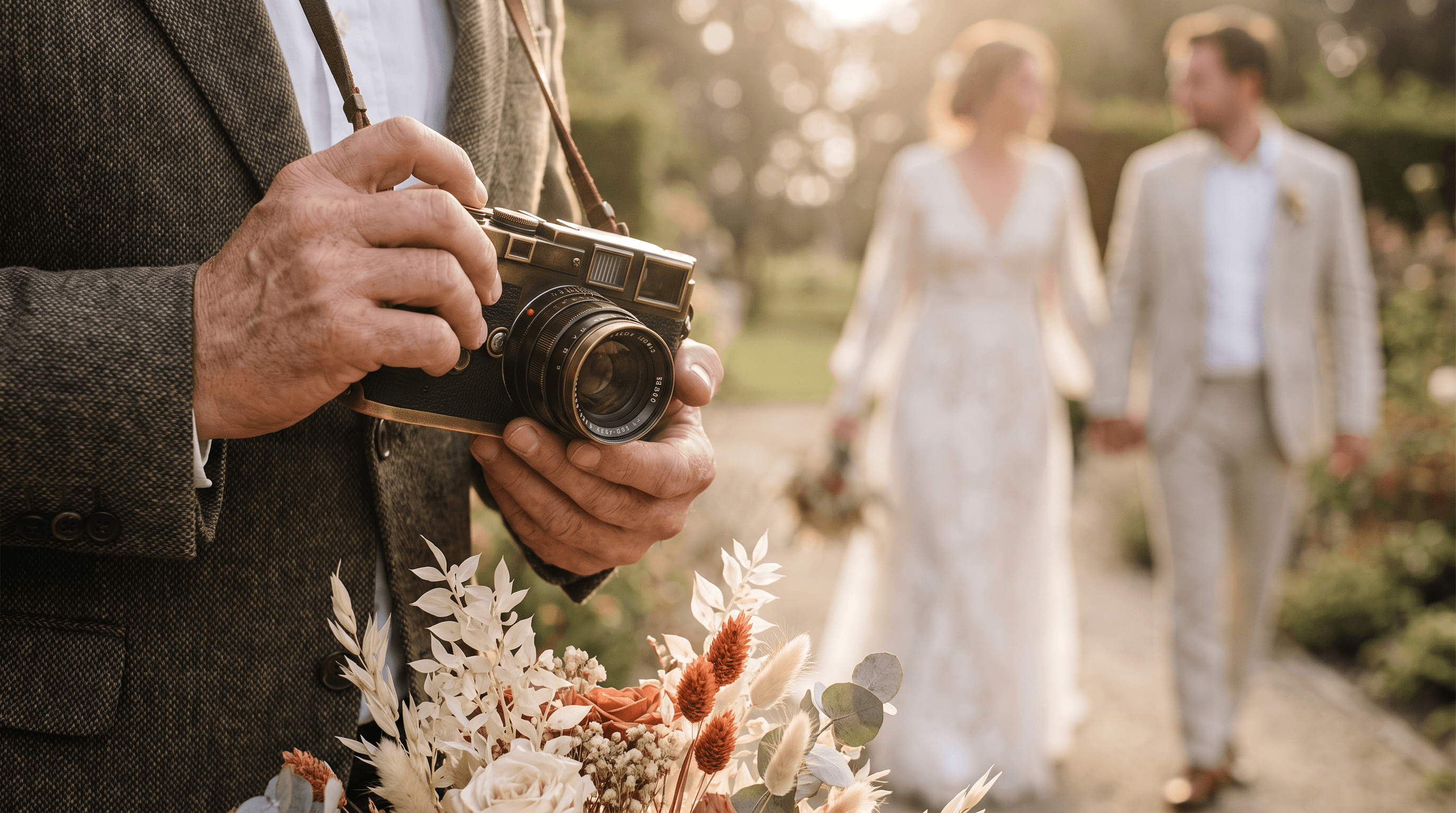 Handen van een fotograaf met een vintage camera bij een landelijke bruiloft in gouden avondlicht