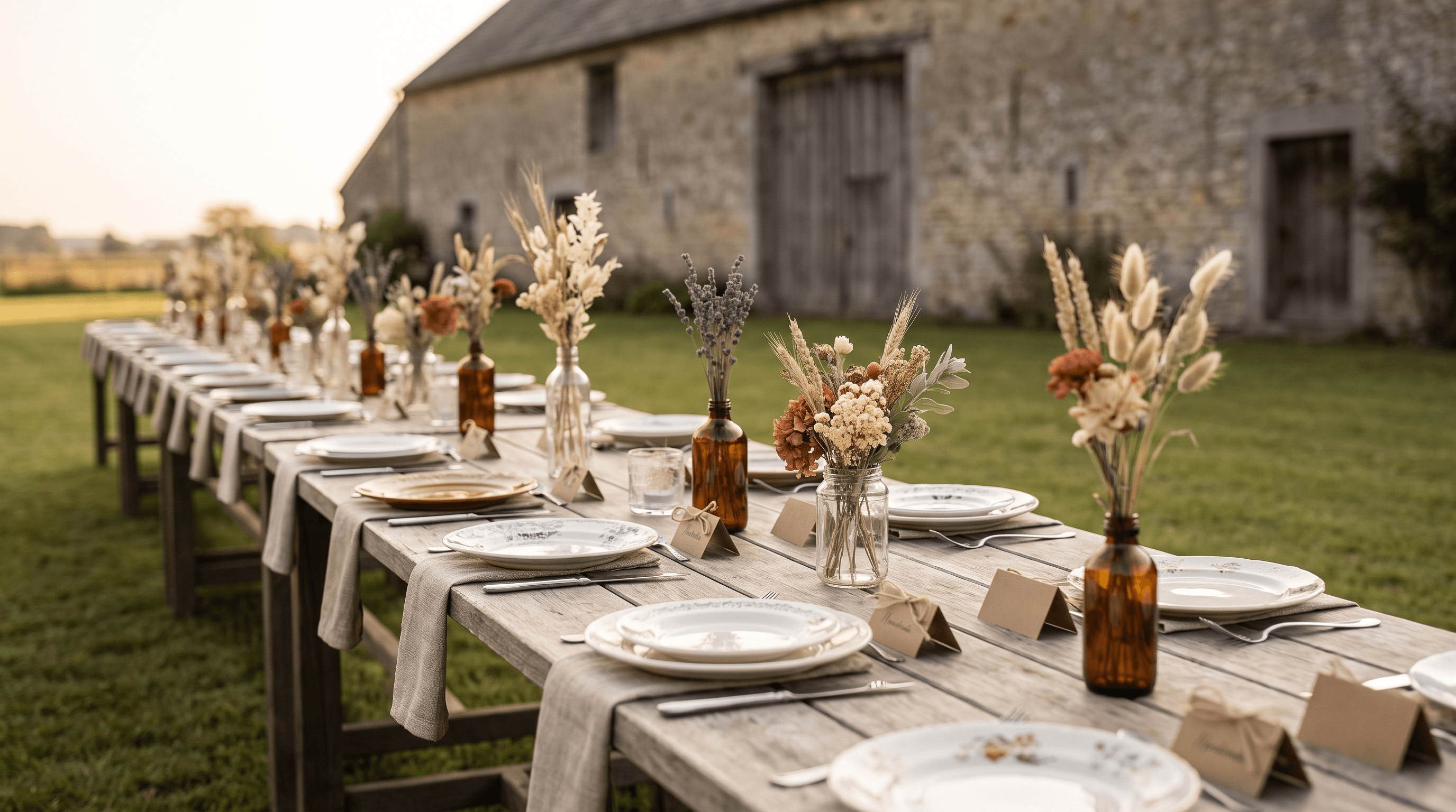 Lange feesttafel buiten met eenvoudige, warme styling en droogbloemen