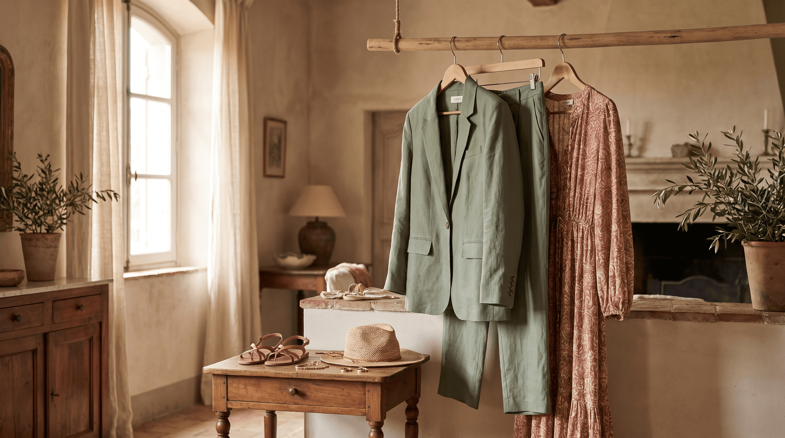 Elegante gastenoutfits aan een houten rek in warme aardetinten