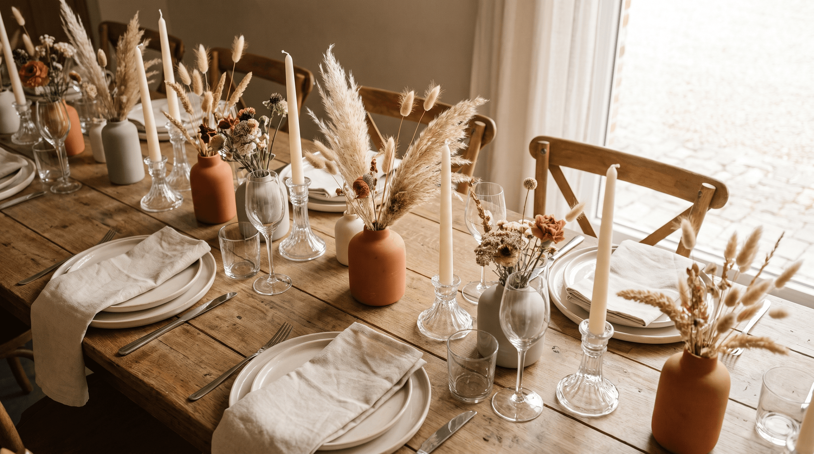 Gestylde trouwdecoratie met kaarsen, vaasjes en droogbloemen op een houten tafel