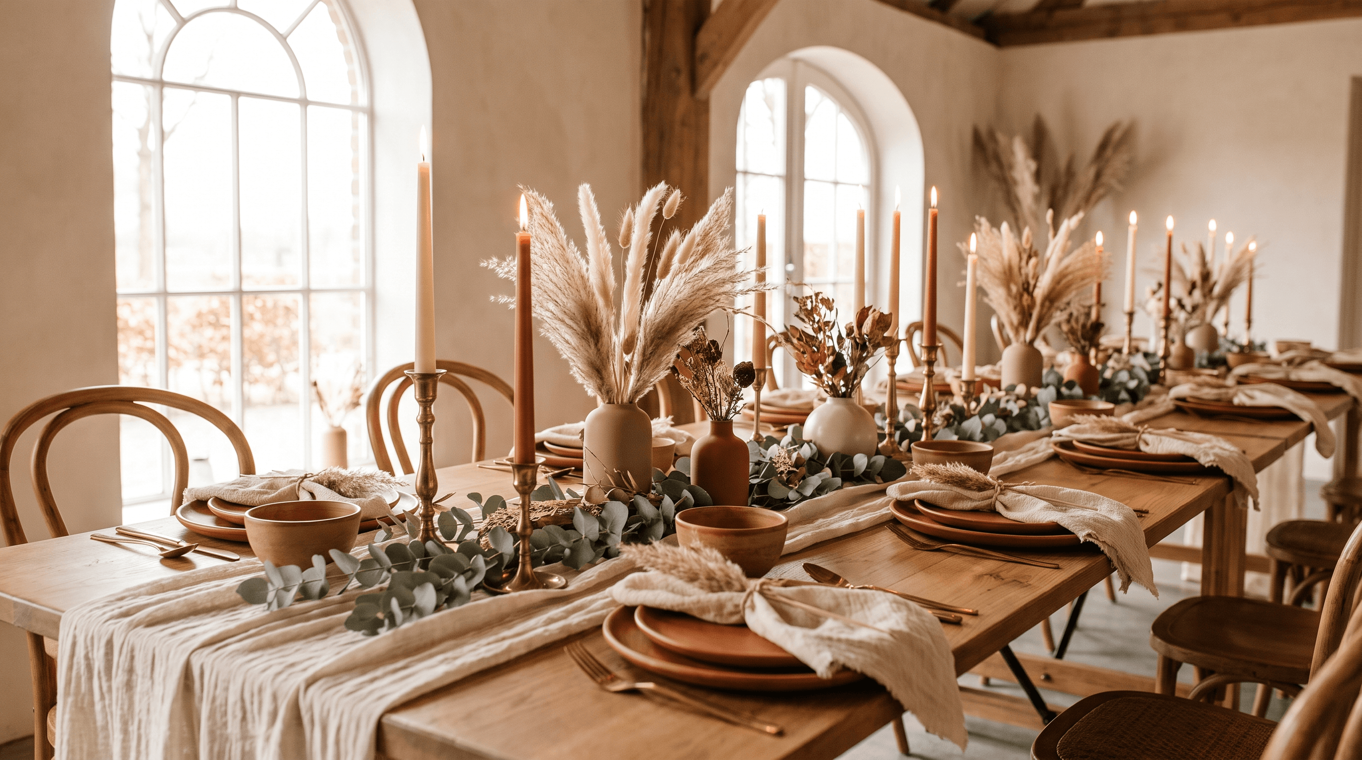 Stijlvol gedekte trouwtafel met droogbloemen, kaarsen en terracotta accenten als samenhangend thema