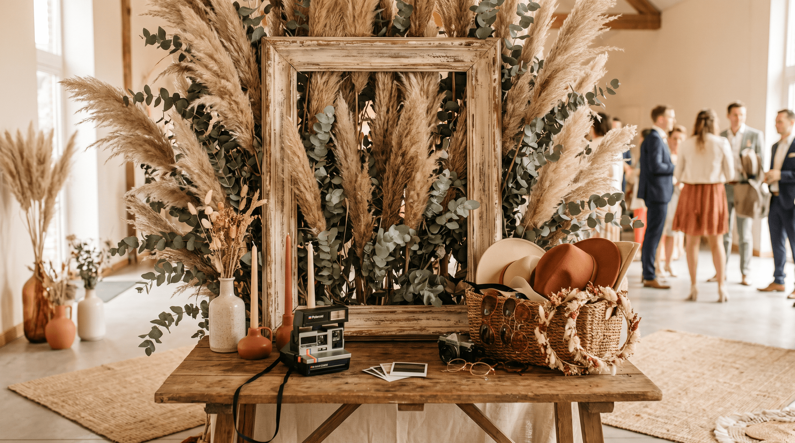 Sfeervolle fotohoek met pampasgras, eucalyptus en een vintage houten frame op een bruiloft