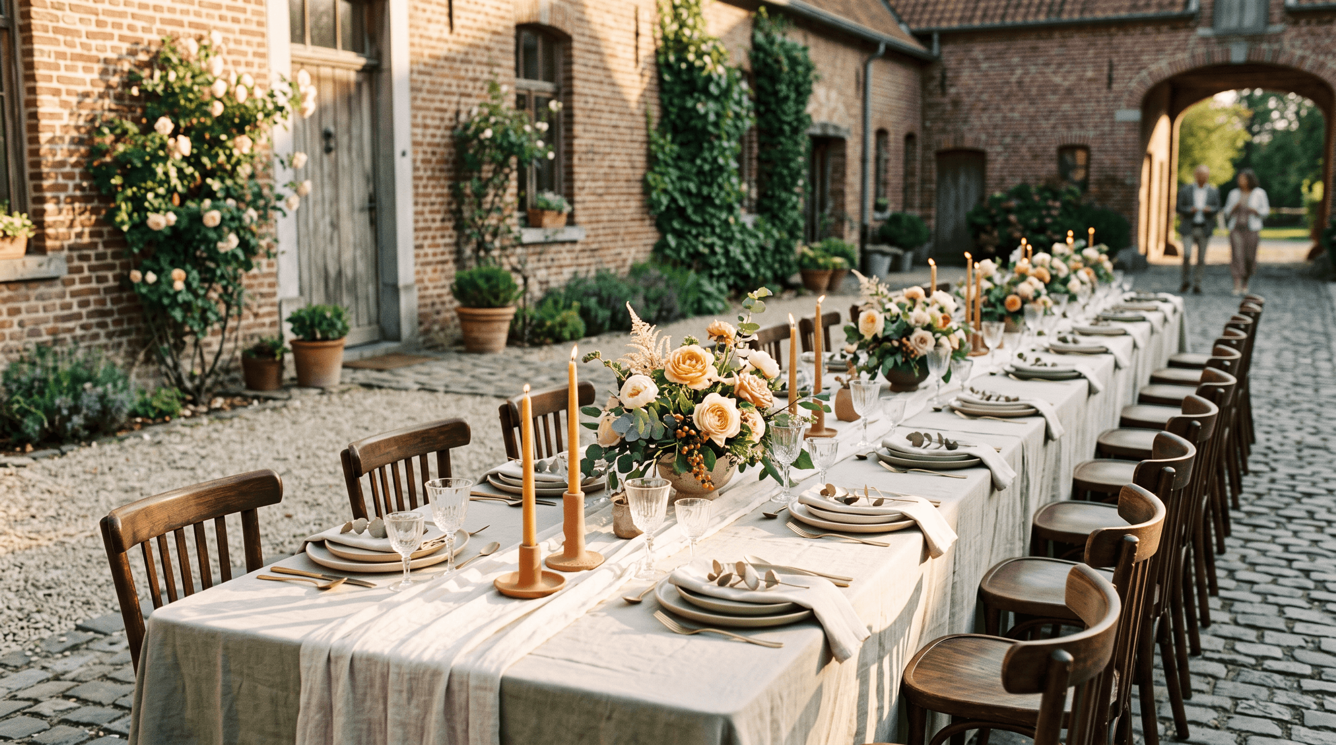 Lange gedekte tafel in de binnenkoer van een Belgische hoeve op een rustige weekdag