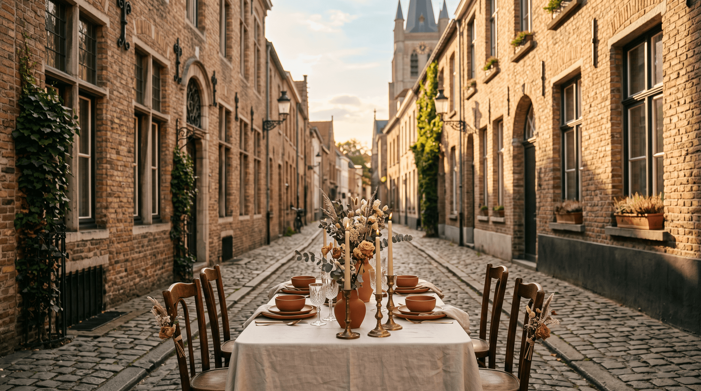Feestelijk gedekte tafel op een kasseienstraat tussen historische stadsgevels in het late middaglicht