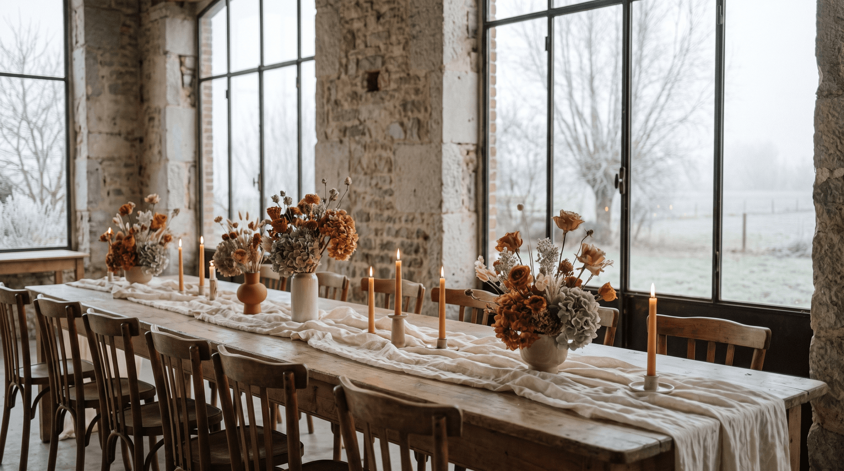 Lange houten tafel in een landelijke schuur, gedekt met crème linnen, droogbloemen en brandende kaarsen bij winterlicht