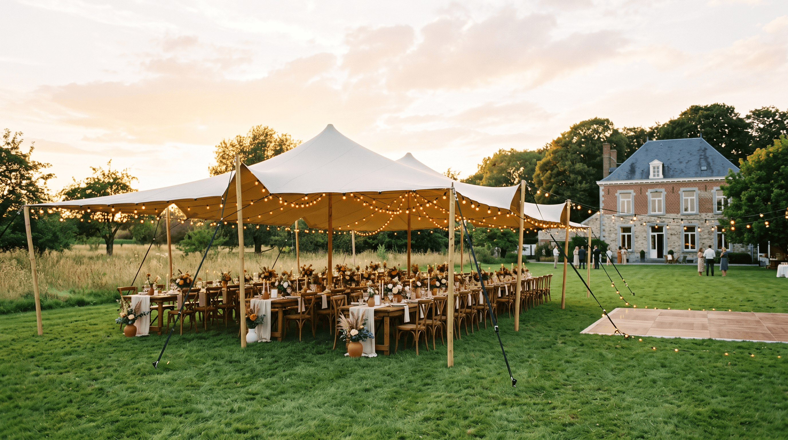 Feesttent met warme verlichting op een weide bij zonsondergang