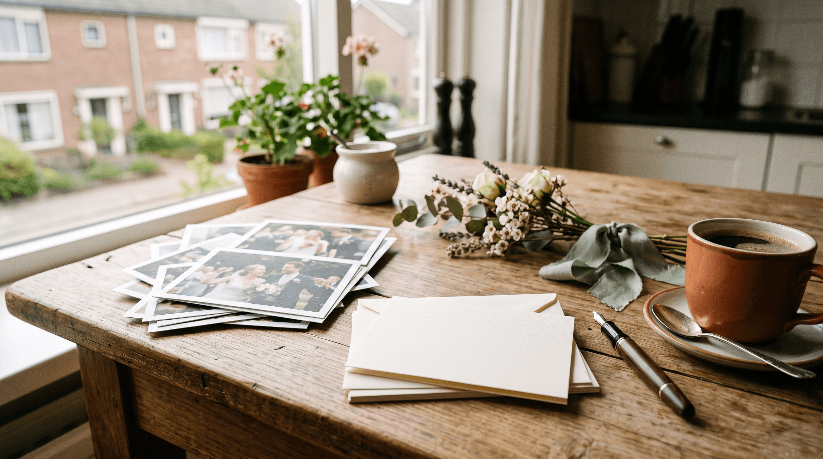 Stapel afgedrukte trouwfoto's en blanco bedankkaartjes op een keukentafel met droogbloemen en koffie