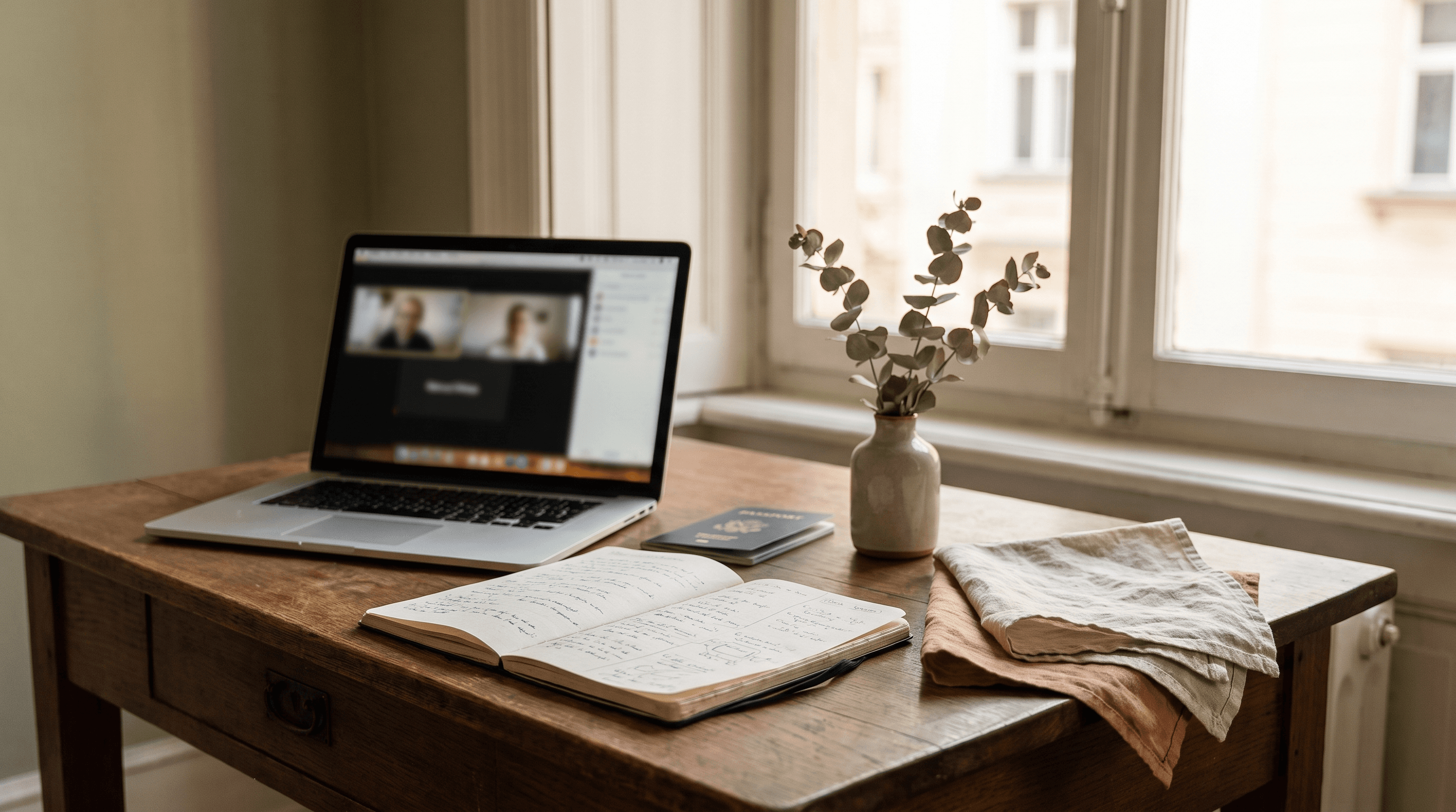 Werkplek bij het raam met laptop, notitieboek, paspoort en droogbloemen in warme tinten