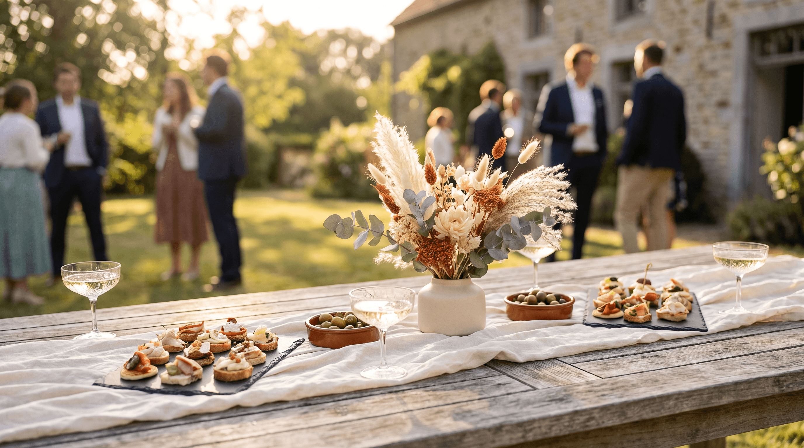 Aperitieftafel in de tuin met hapjes op leisteen, coupes bubbels en droogbloemen in warm avondlicht