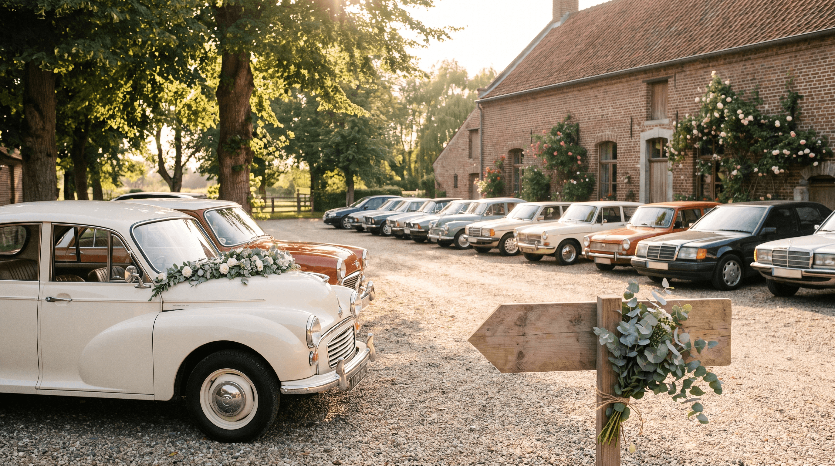 Wagens van gasten geparkeerd op de grindkoer van een bakstenen hoeve, met een versierde trouwwagen vooraan
