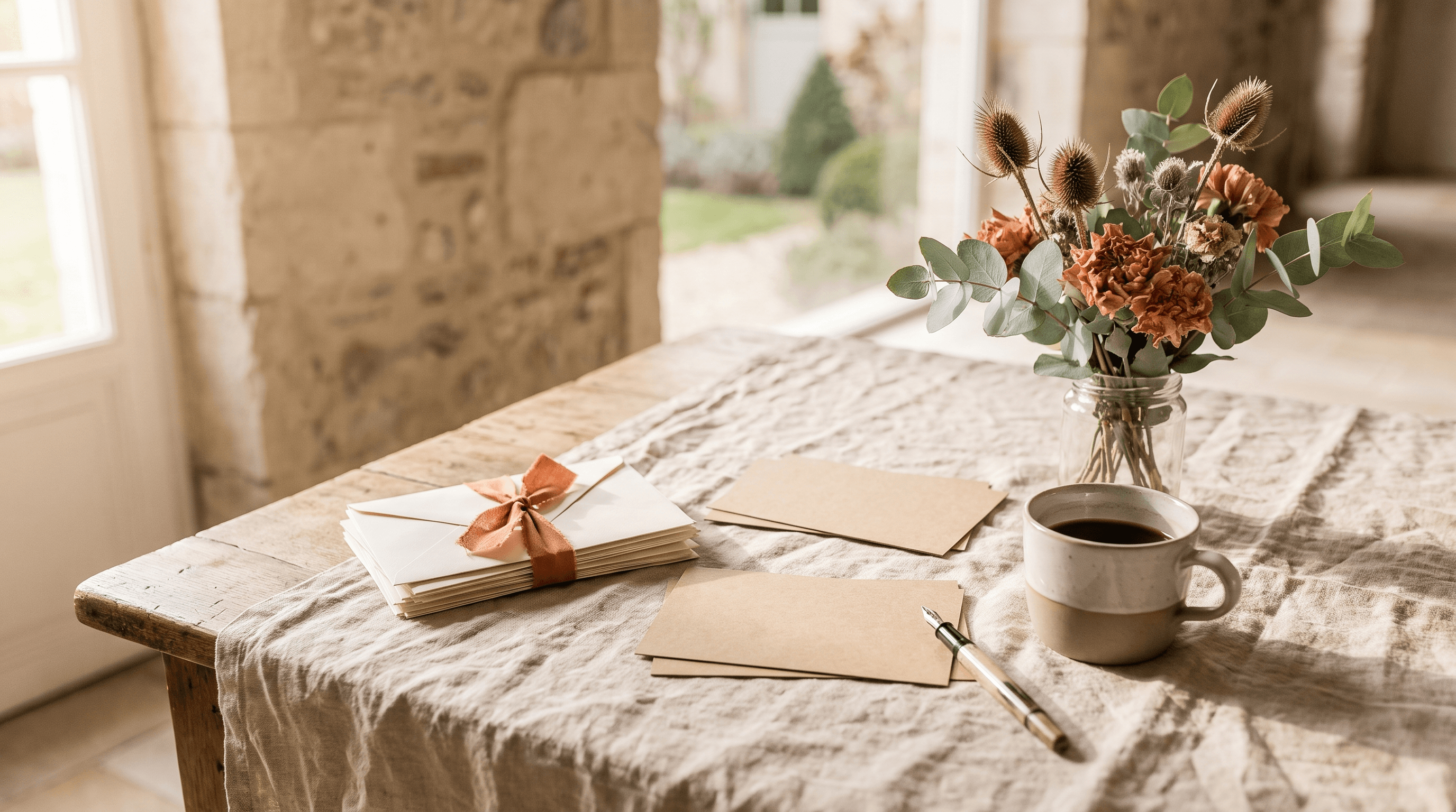 Stapeltje crèmekleurige enveloppen met terracotta lint en blanco bedankkaartjes op een linnen tafelkleed