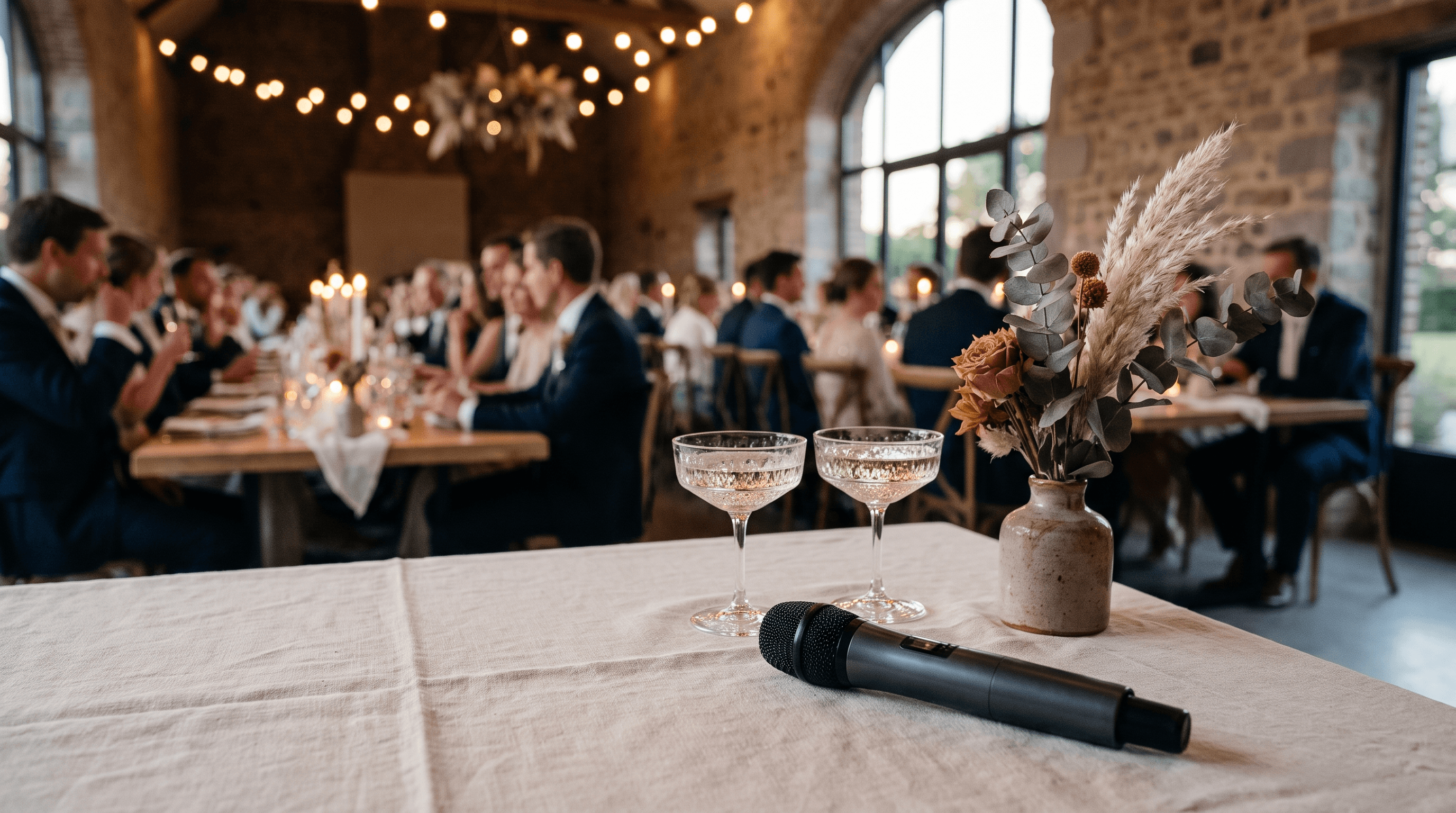 Microfoon en twee glazen champagne op een tafel in een feestzaal met gasten op de achtergrond