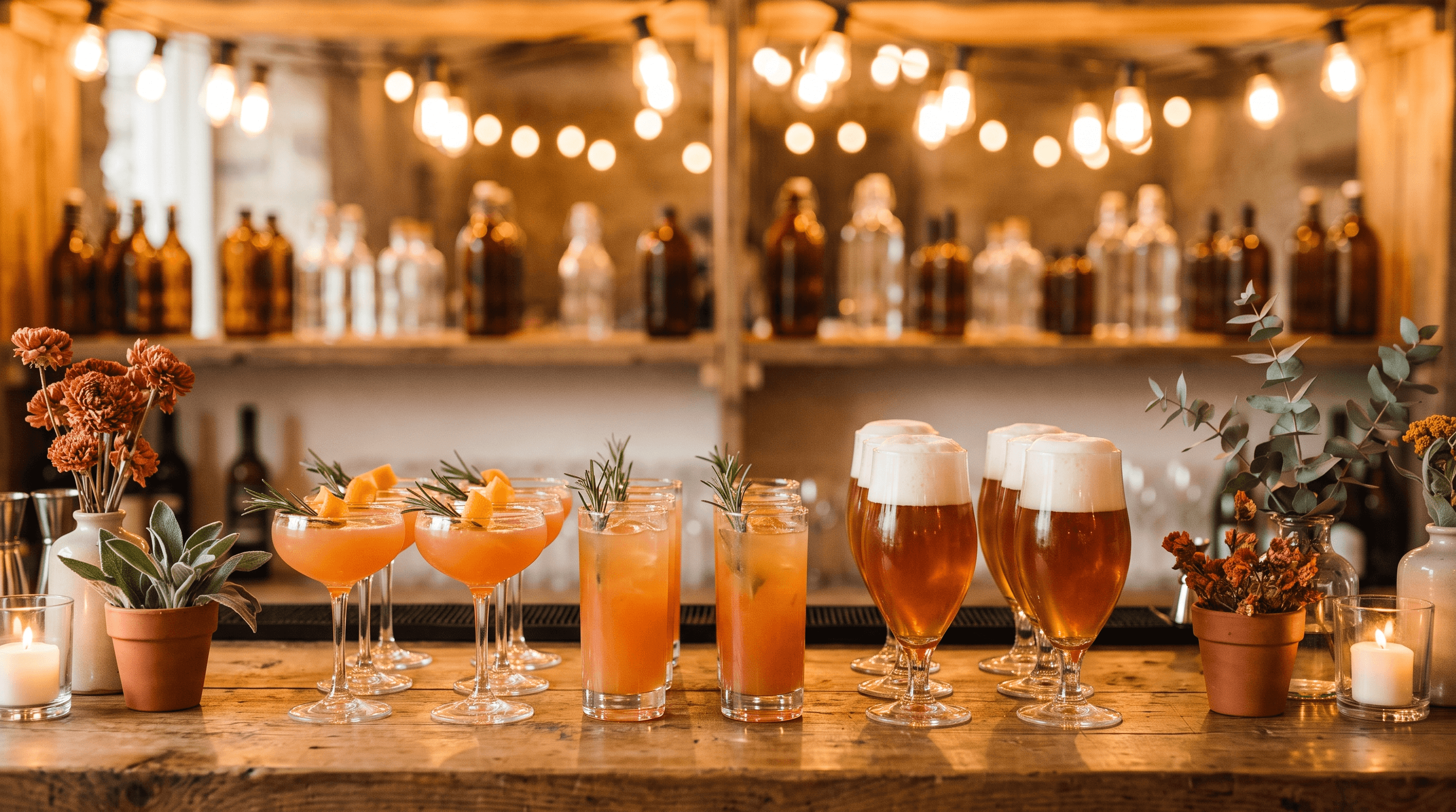 Een houten bar op een trouwfeest met cocktails en glazen amberkleurig bier onder lichtsnoeren