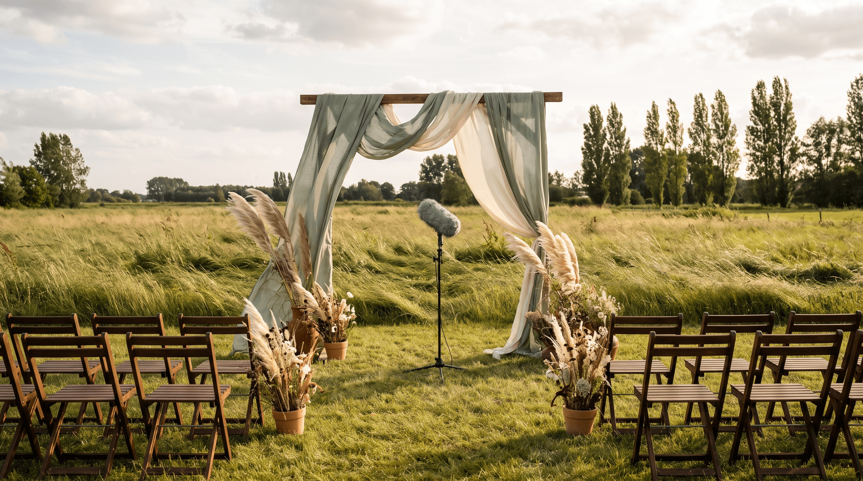 Houten ceremonieboog met wapperende doeken en een microfoon met windkap in een winderige weide