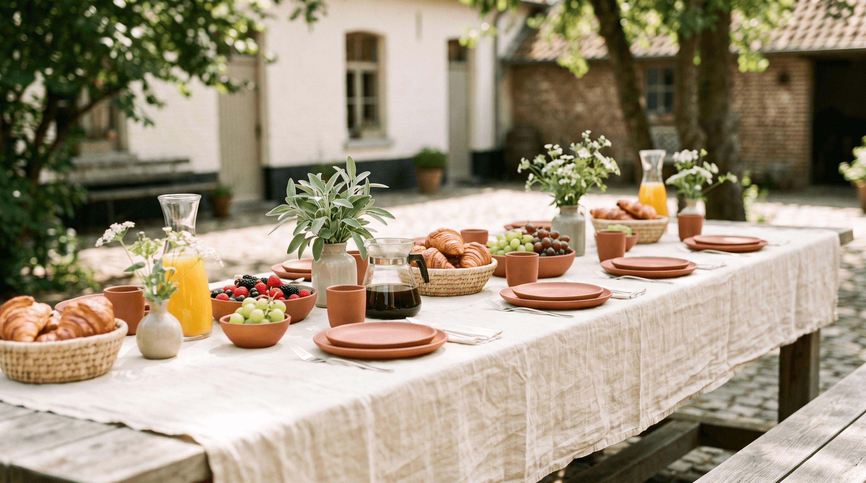 Lange brunchtafel met linnen tafelkleed en terracotta borden op de binnenkoer van een hoeve