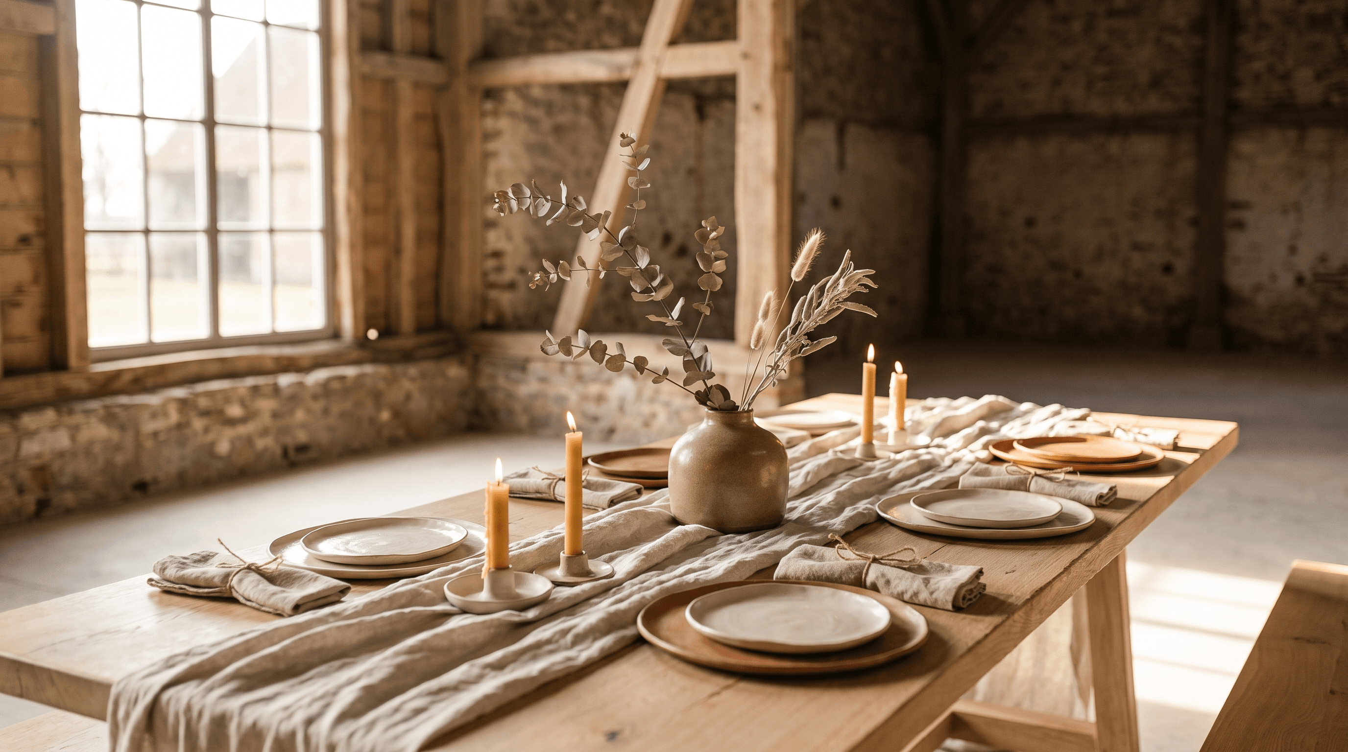 Eiken tafel in een schuur met linnen loper, handgemaakt keramiek, bijenwaskaarsen en één tak eucalyptus