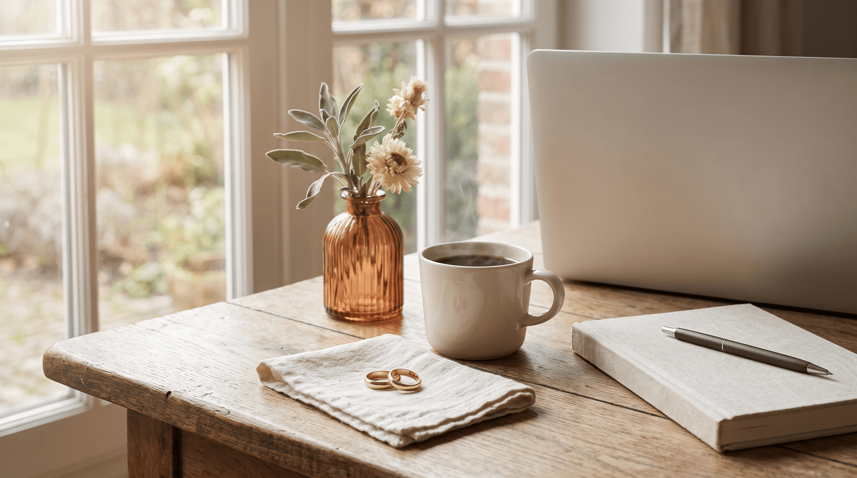 Eiken tafel bij het raam met trouwringen op een linnen doek, een koffiekop, gedroogde bloemen en een laptop