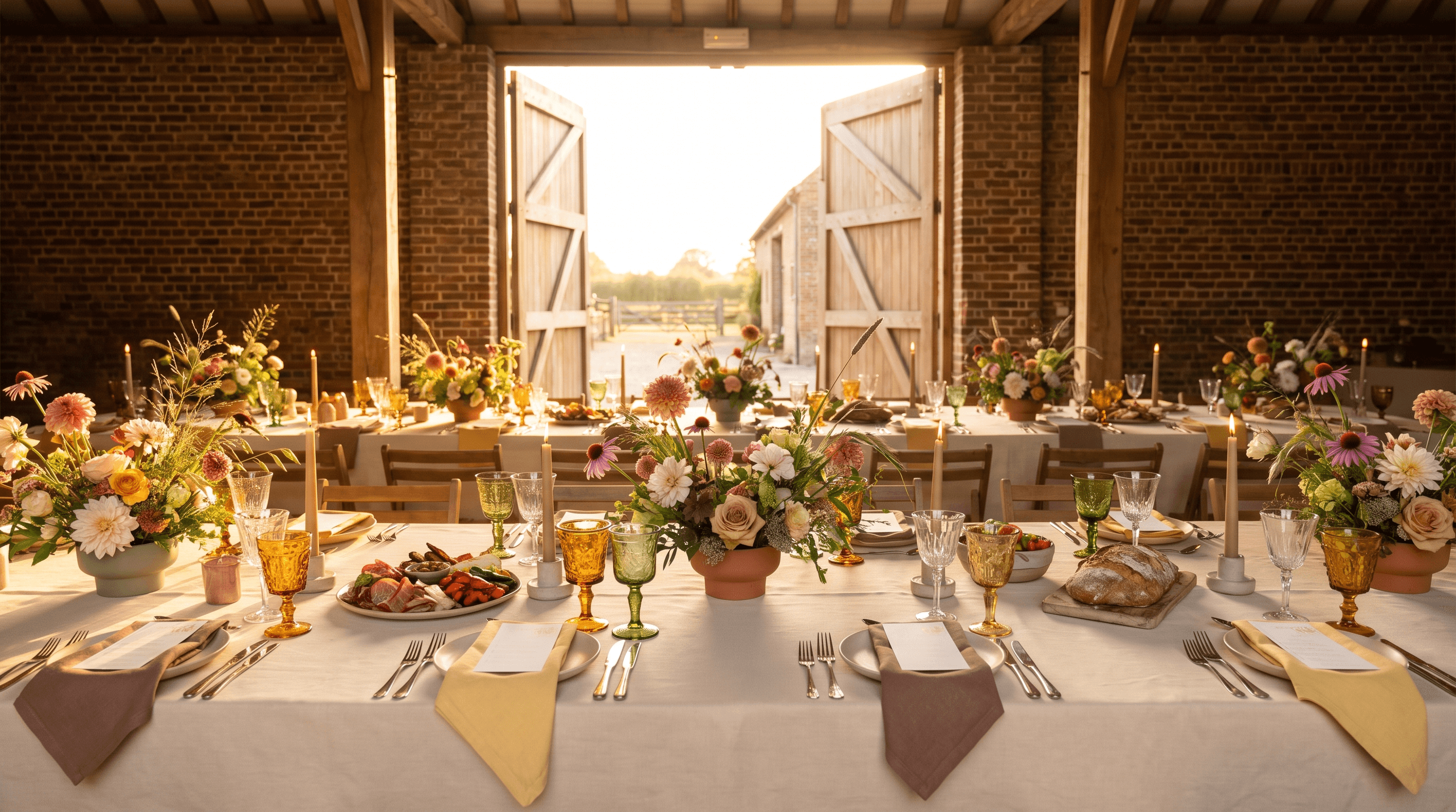 Lange feesttafel in een bakstenen schuur met botergele en bruine servetten, deelschotels en seizoensbloemen